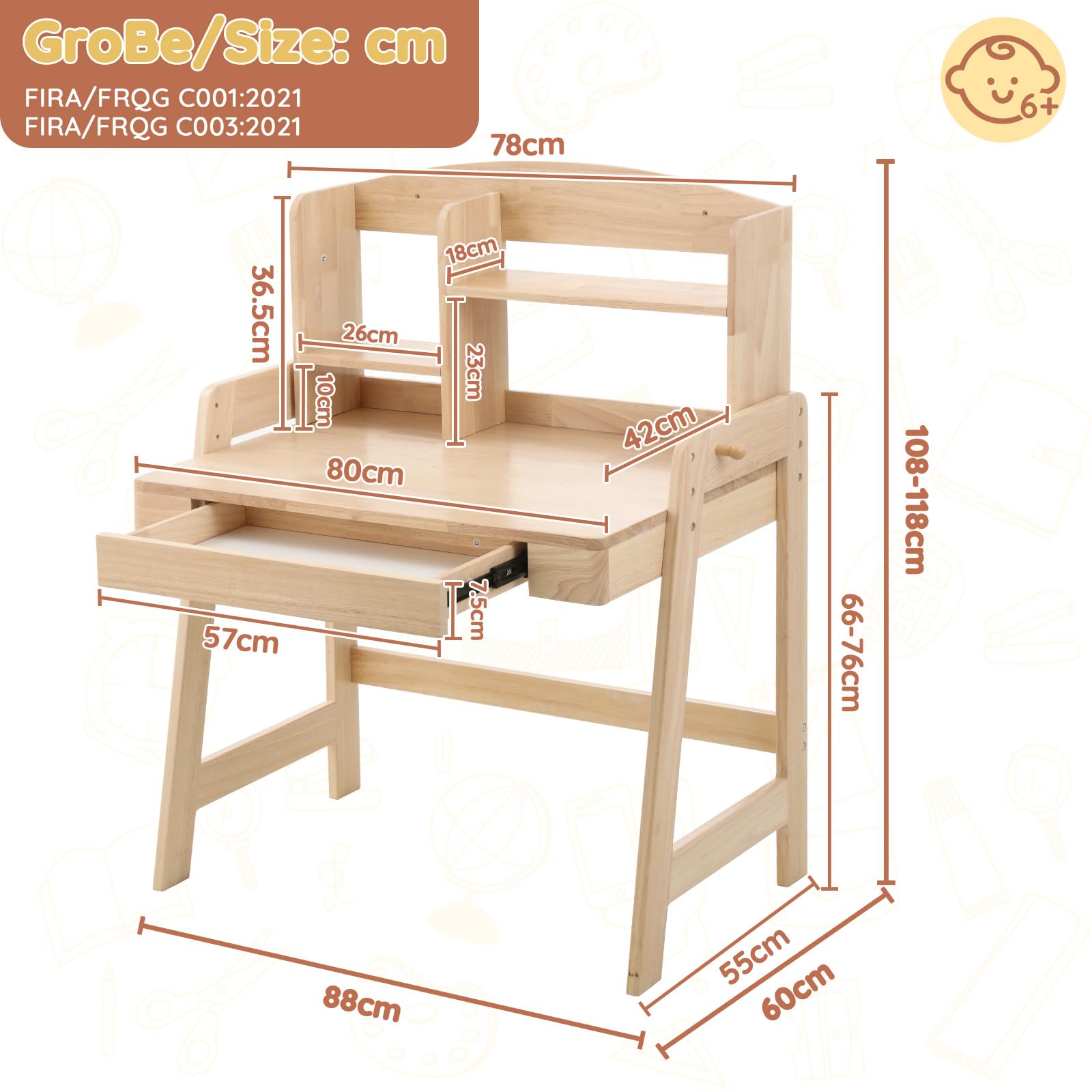 Mesa infantil de madera maciza con espacio de almacenamiento, a partir de 6 años