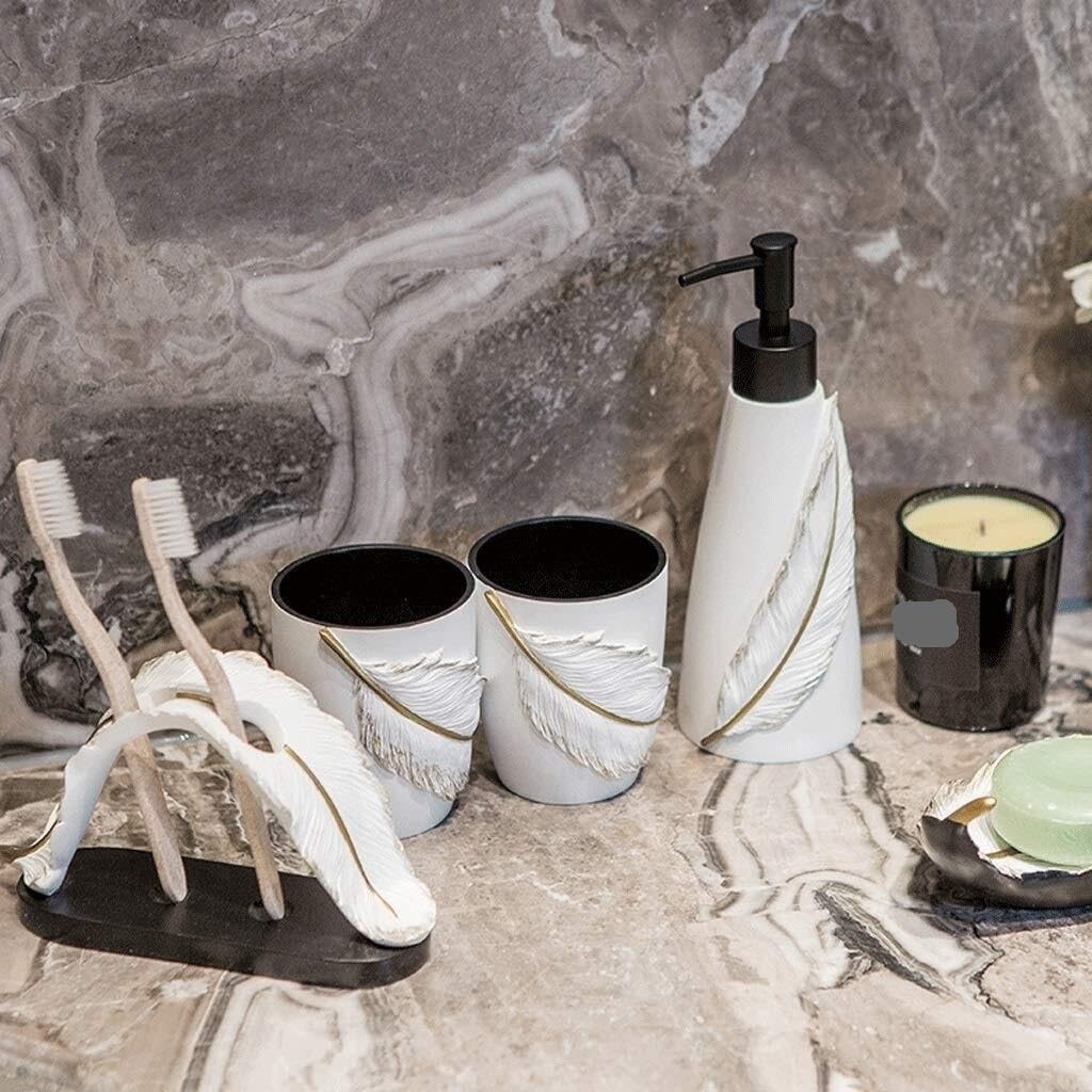 Decoracion Baño Encimera Baño Juego De Accesorios De Baño De 6 Paquetes con Bomba De Jabón Líquido, Soporte para Cepillo De Dientes, Jabonera Utensilios Baño