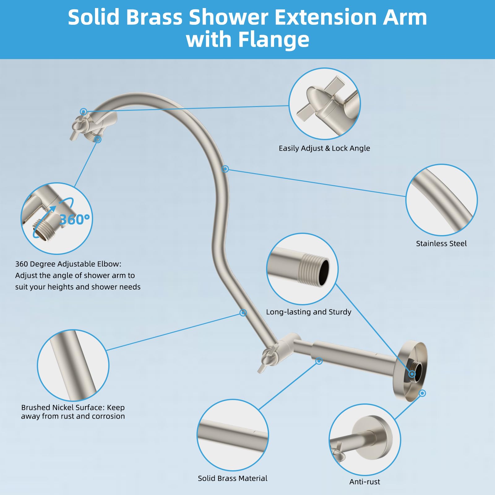 Hibbent Bras de douche entièrement en métal, bras d'extension de pommeau de douche de 45,7 cm, laiton massif, flexible en hauteur et angle réglables, avec joints de verrouillage, nickel brossé