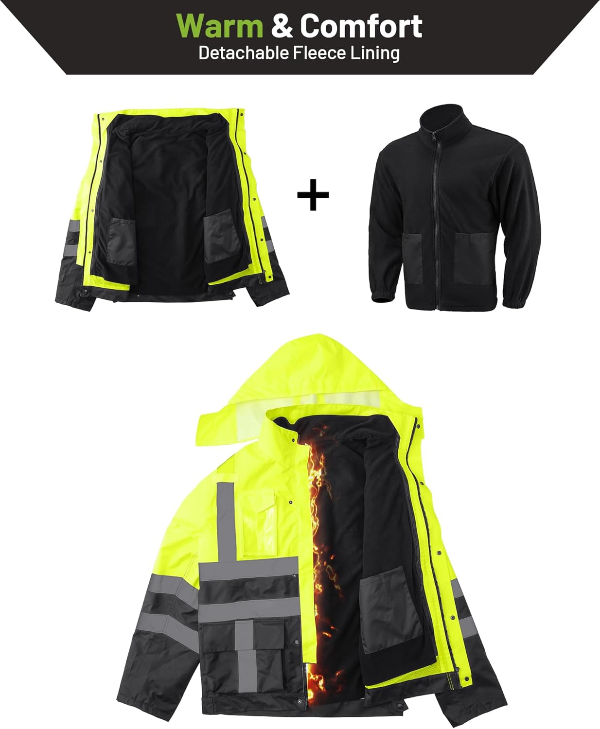 High Vis Jacket for Men, Waterproof Safety Raincoat with Removable Thermal Liner Class 3 High Visibility Rain Gear - Image 4