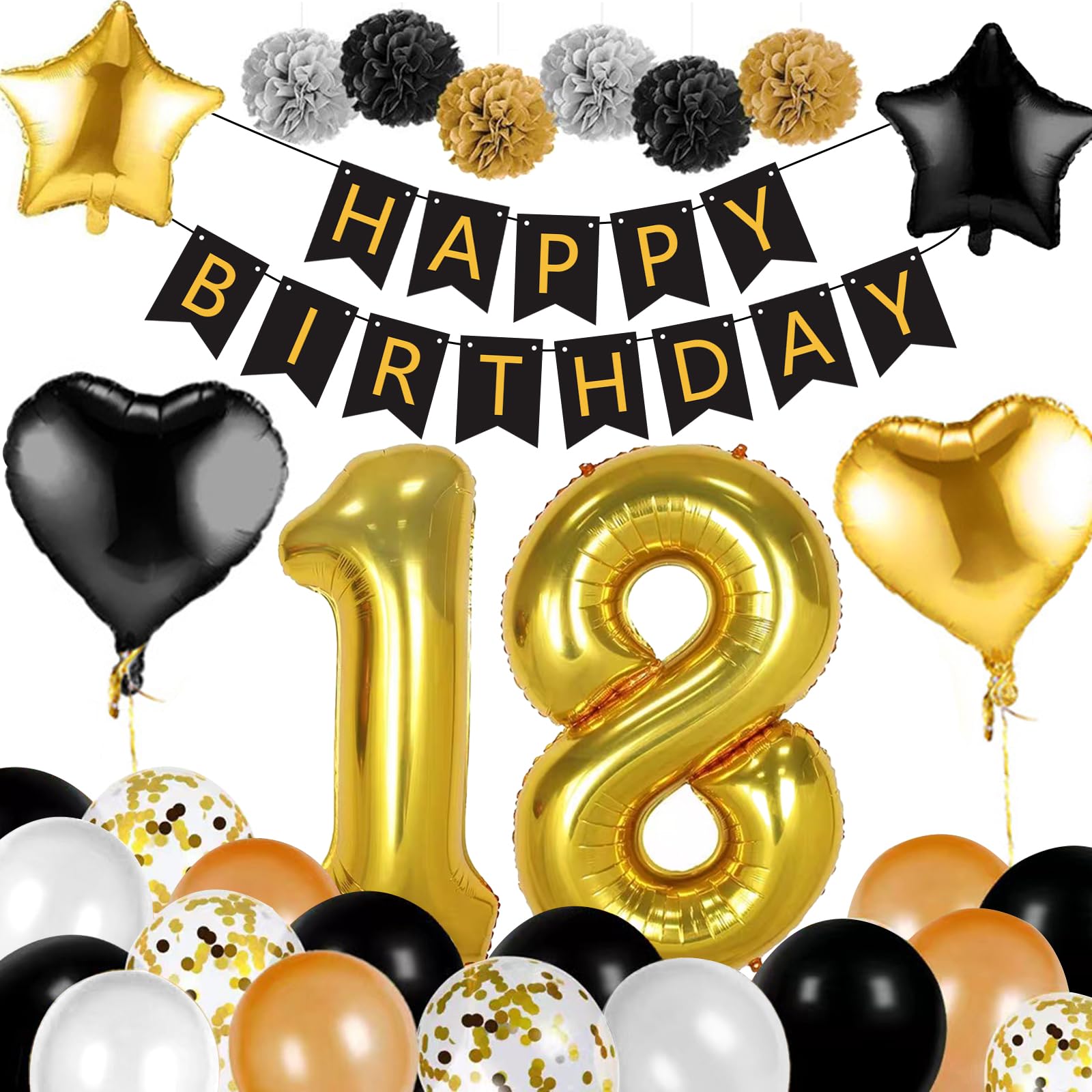Geburtstagsdeko Schwarz Gold - 18-teiliges Party-Set Mit Banner, Papierfächern & Pompons