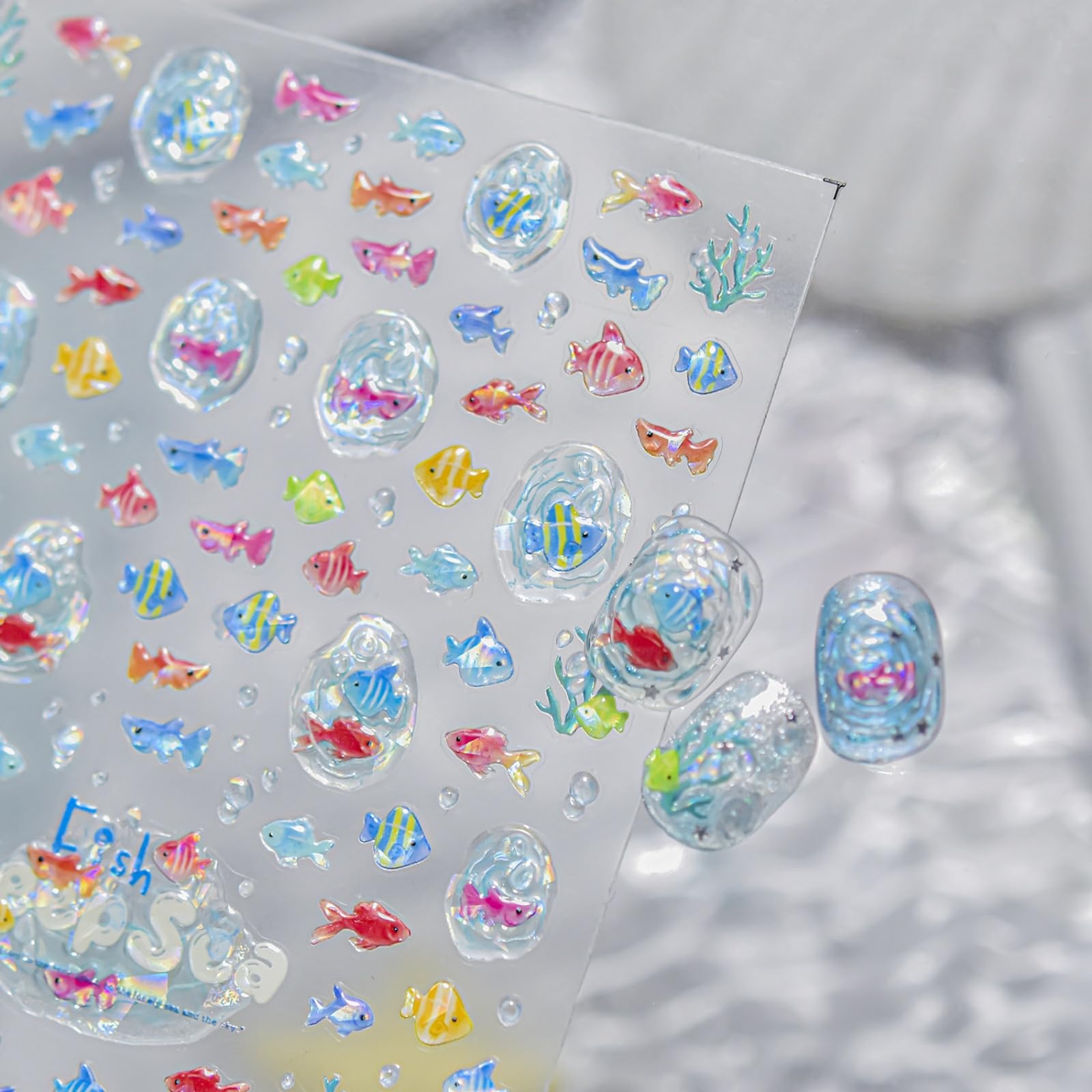 Tropical Fish Nail Stickers Summer Nail Art Stickers Ice-Transparent Design 5D Embossed Self Adhesive Nail Decals for Women Manicure DIY Decoration Accessories