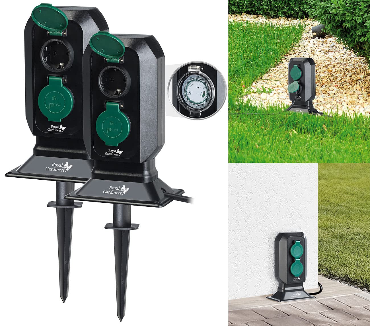 Royal Gardineer Timer Steckdose aussen: 2er-Set 2-fach-Garten-Steckdose mit Zeitschaltuhr, bis 3.680 Watt, IP4 (Outdoor Steckdose Zeitschaltuhr, Garten-Steckdose mit Timer, Verlängerungskabel)