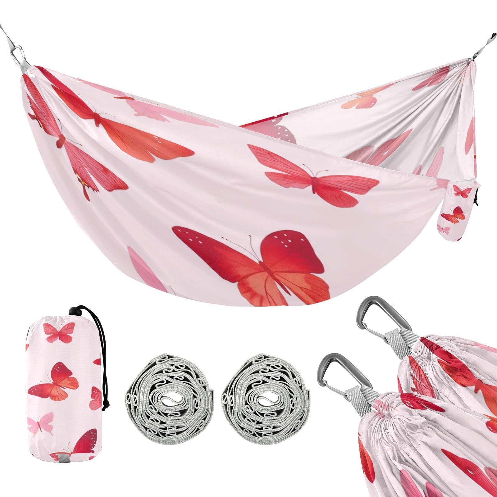 Haskirky Pink Butterfly Camping Hammock, Single Portable Hammocks with Tree Straps & Attached Carry Bag, 330Lbs Capacity Perfect for Outside Indoor Hiking Beach Backpack Travel