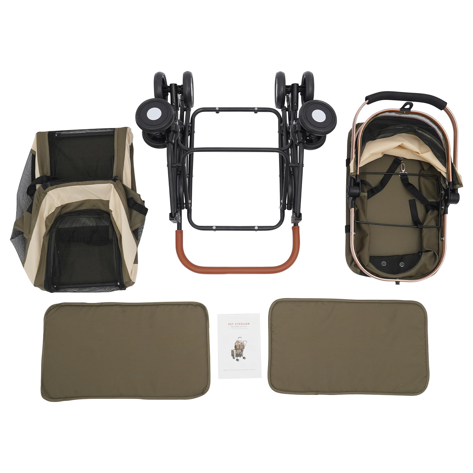 Passeggino per cani 3 in 1, 2 ripiani, con finestre a rete, tasche e imbottiture, Oxford e metallo, passeggino per animali domestici fino a 35 kg, pieghevole, per cani, gatti, animali domestici (verde