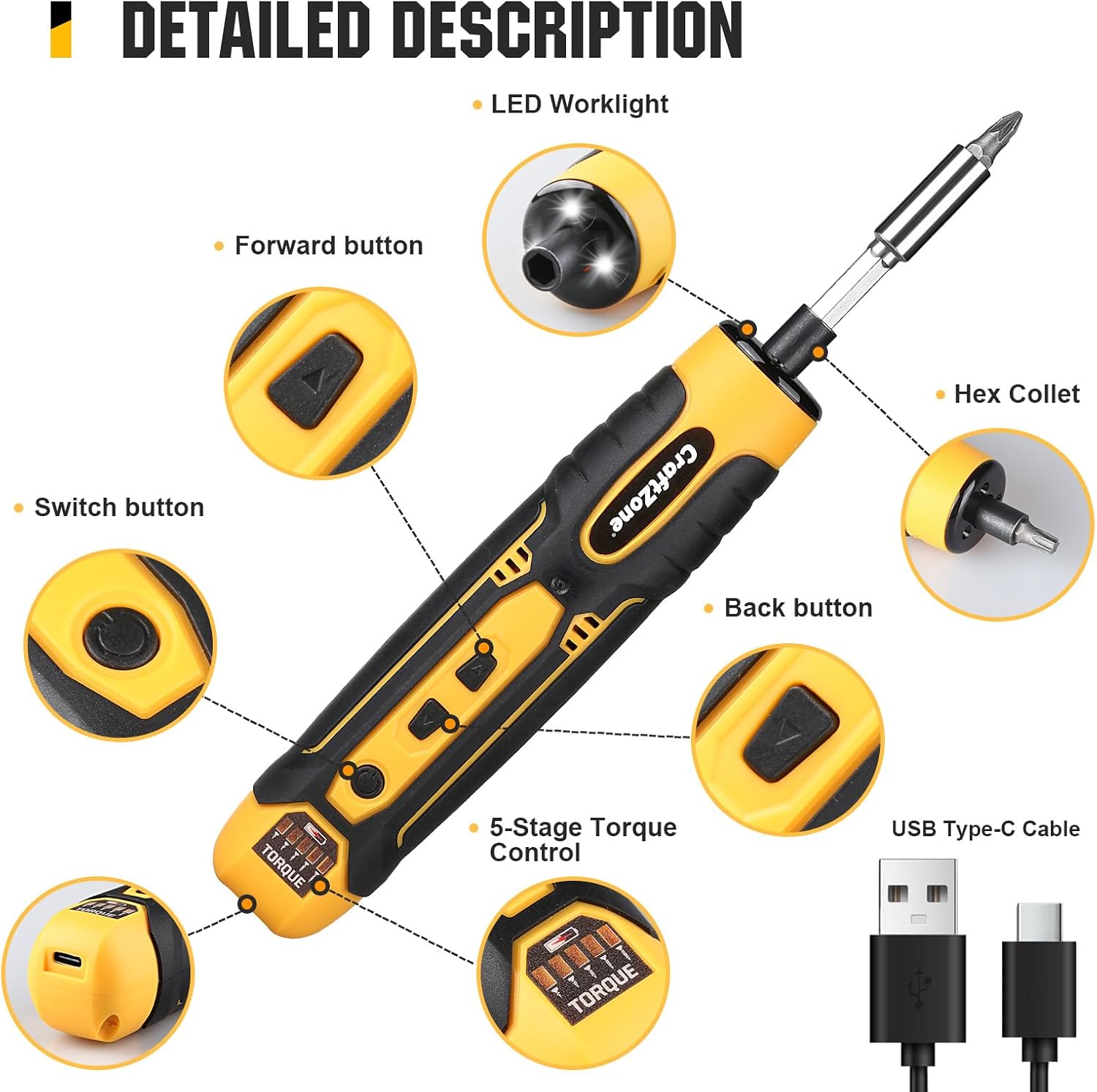 Electric Screwdriver Cordless Set with LED Light, USB Cordless Screwdriver Rechargeable, Level 5 Torque Screw driver, with 28 Pc Bit Set & Carrying Case for Home, Electronic, Automotive