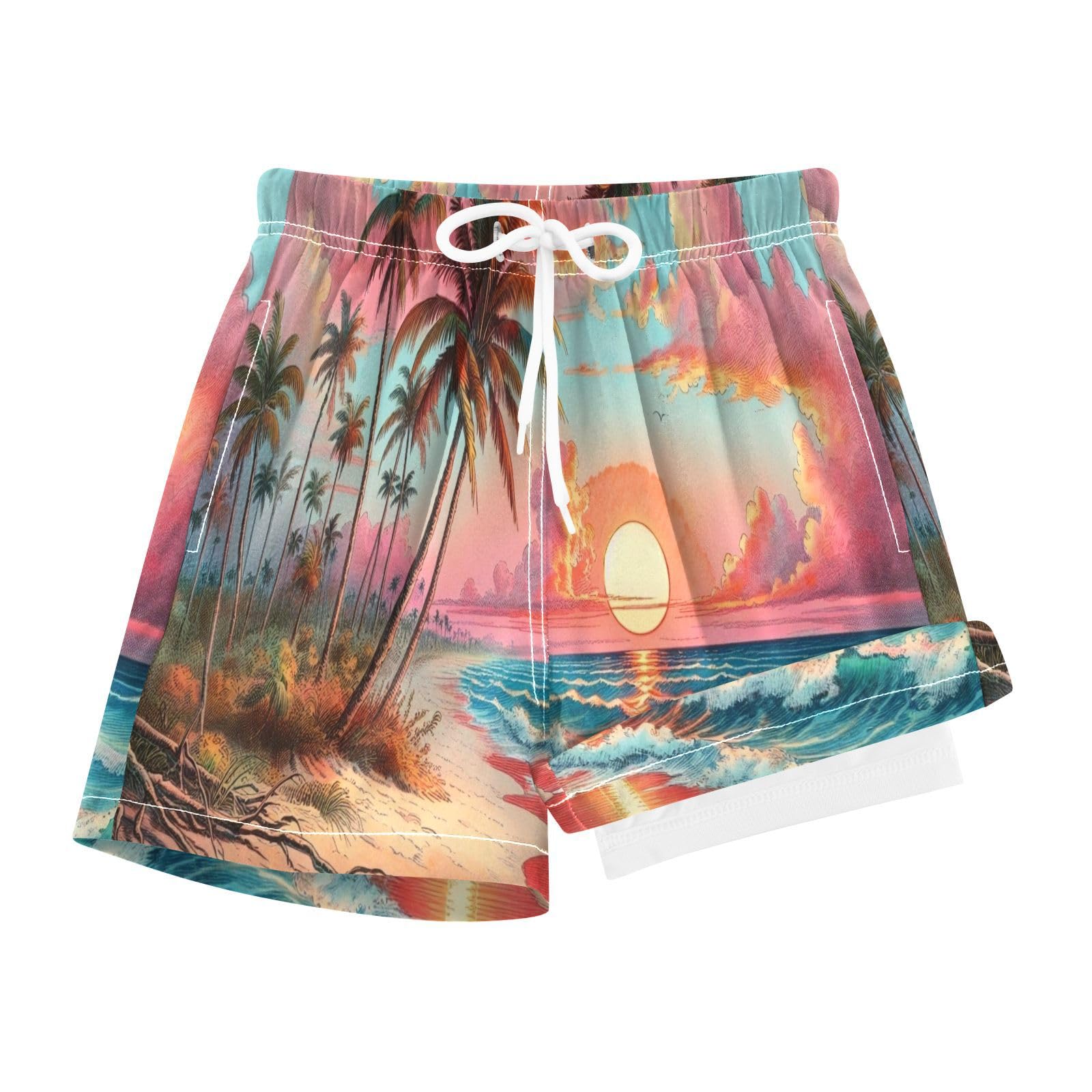 YANENDIE Boy Swim Trunks with Compression Liner Watercolor Sunset Beach Boys Swim Shorts Quick Dry Beach Shorts