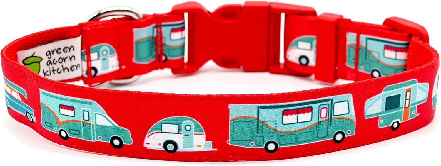 RV Camping Dog Collar - Campers, Vintage Car, Trailer, Motorhome, Teardrop Camper, Pop-Up - 4 Sizes - 1 Inch Wide - Handmade by Green Acorn Kitchen (Large 14-21", Red)