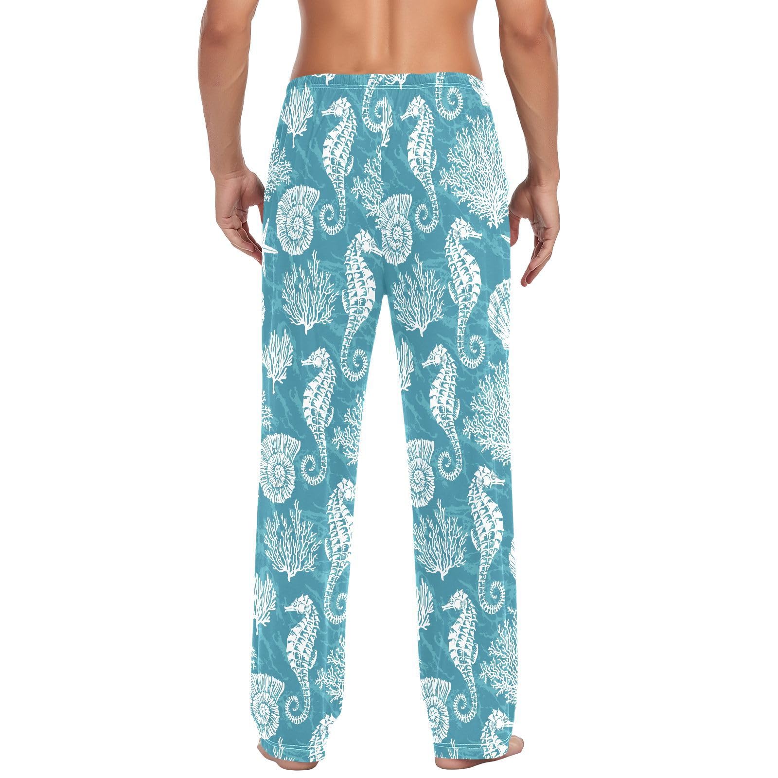 Herren-Pyjamahose mit Muschel, Seepferdchen, Koralle, 100 % Baumwolle, Schlafhose, gerade Passform, Pyjamahose mit Taschen, Kordelzug, Größe L, mehrfarbig, L