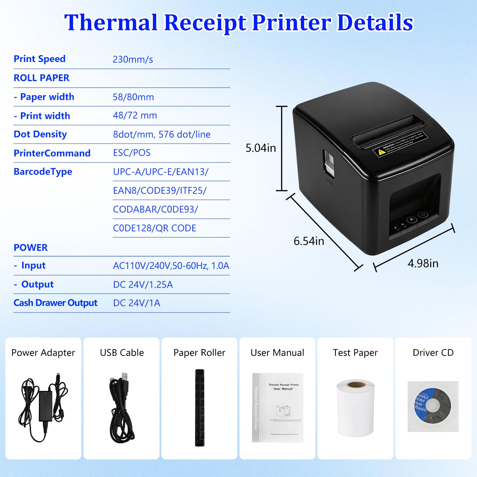 Stampante per ricevute termiche 80 mm, taglio automatico, USB + LAN | Stampa ad alta velocità da 230 mm/s, ESC / POS Supporto Windows / Android / Mac / Linux, negozi al dettaglio e ristoranti