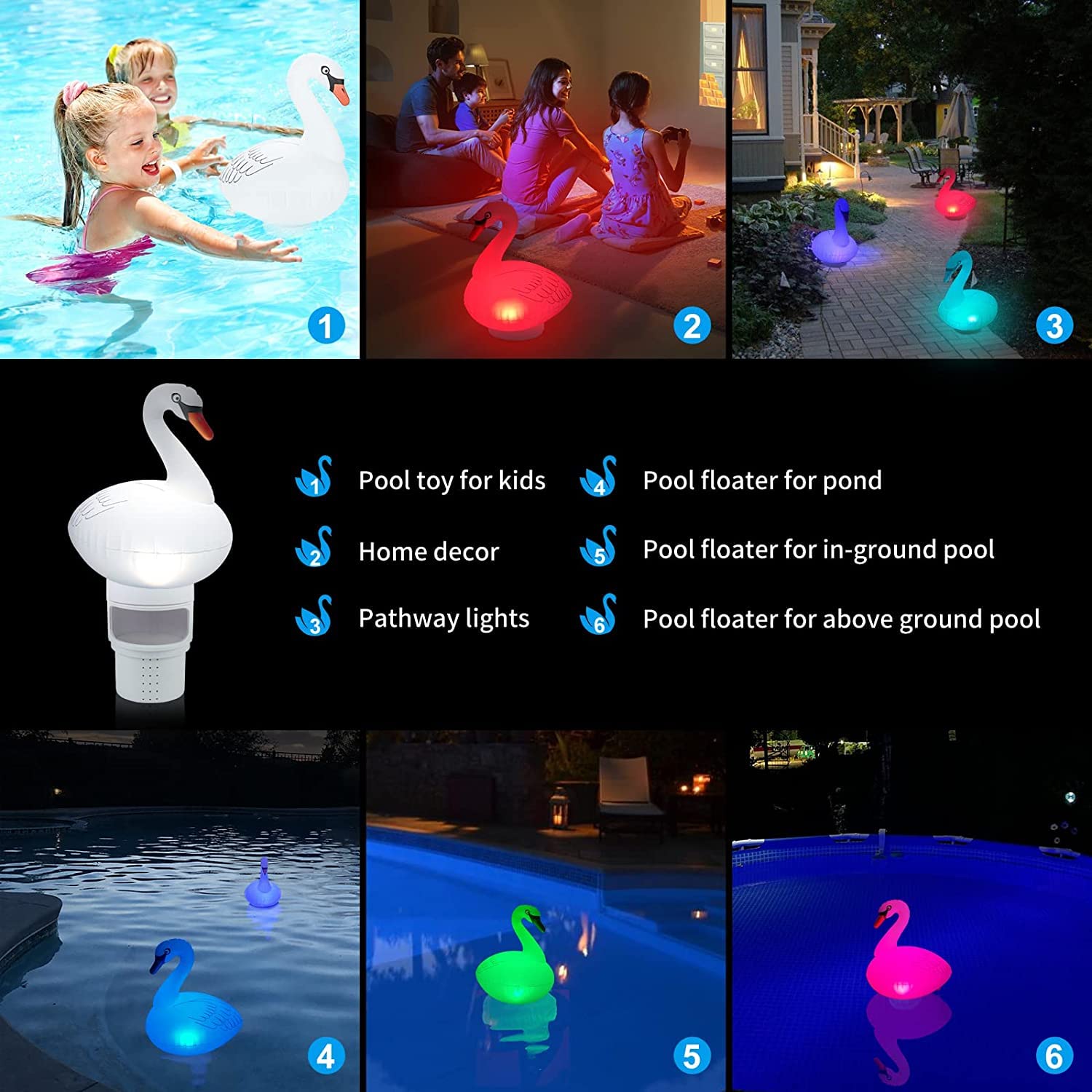 Dispensador Cloro Piscina Flotante, Flotador Cloro para Piscinas con Luz Solar en Cisne Hinchable, Dosificador Cloro Piscina con Abertura Grande, Dispensador de Cloro para SPA