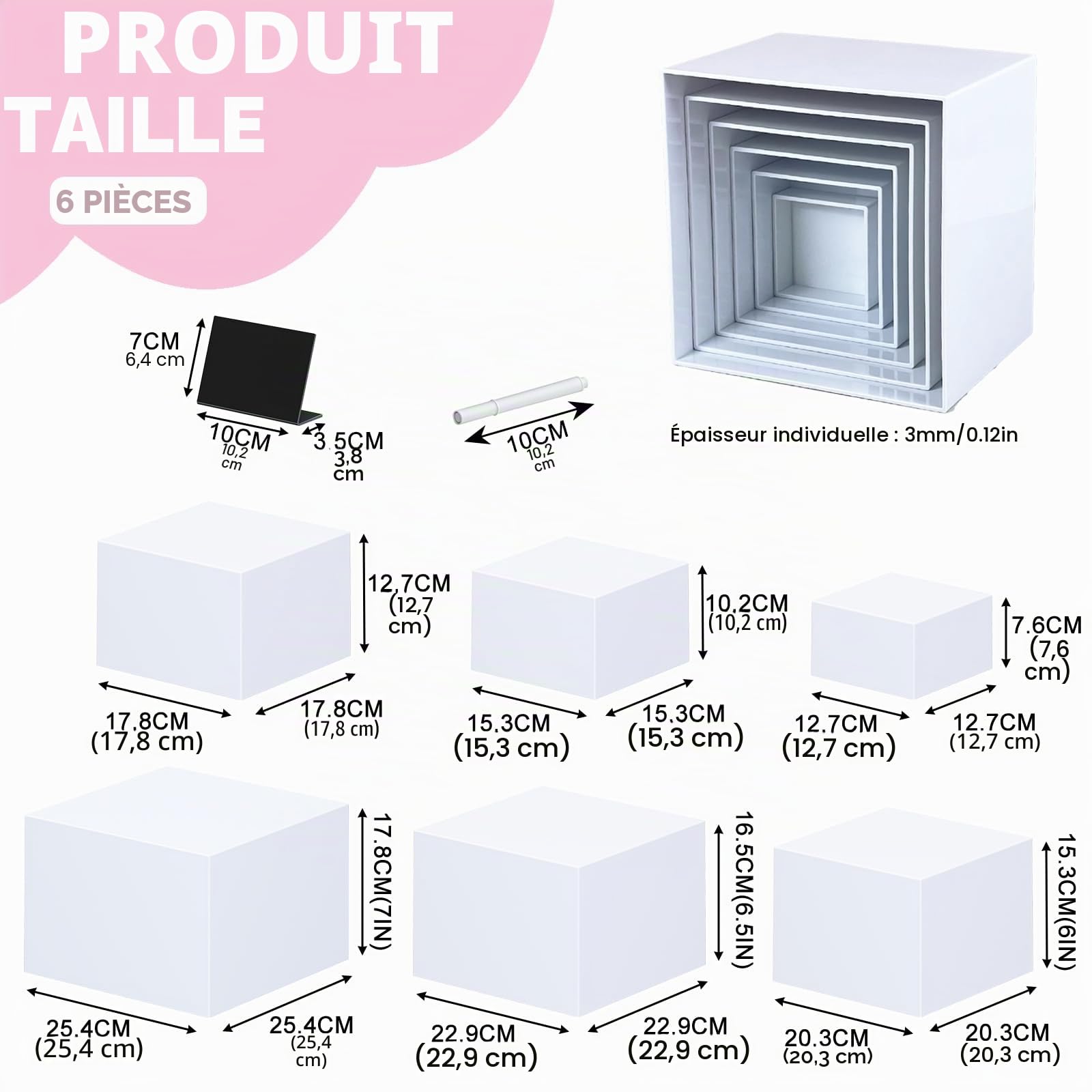 Afeeler Lot de 6 Presentoir Aperitif Buffet Cube, Présentoir a Gâteaux Acrylique avec fond creux, Supports de Buffet Mariage pour Traiteur Dessert Figurines Aliments (Blanc, 5-10in)