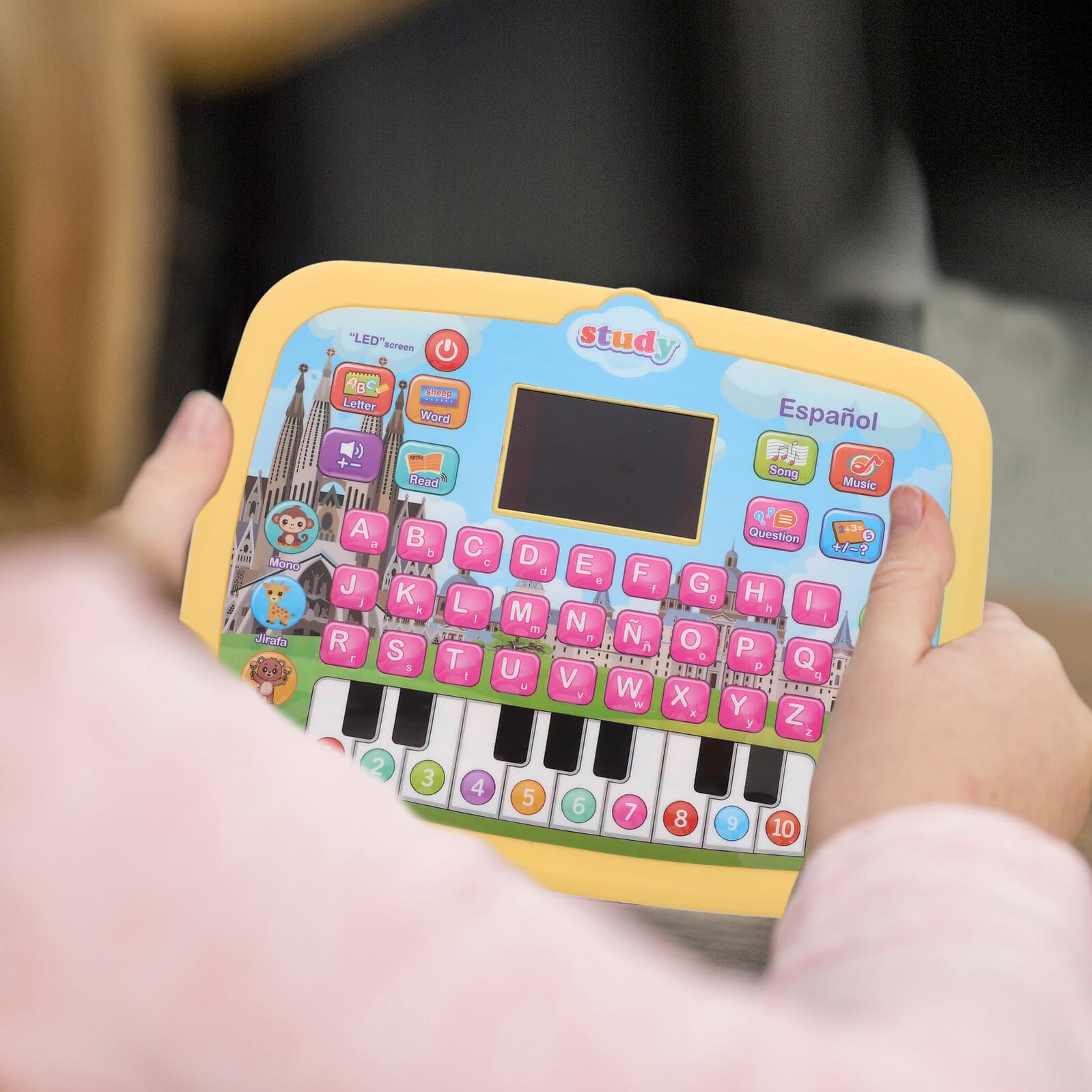 Tableta Bilingüe de Español para Niños Pantalla Led, Táctil, Abs | Juguete Educativo Multifuncional, 3 Pilas Aa No Incluidas, Amarillo Decoracion Colegio, Juguetes Didácticos Años