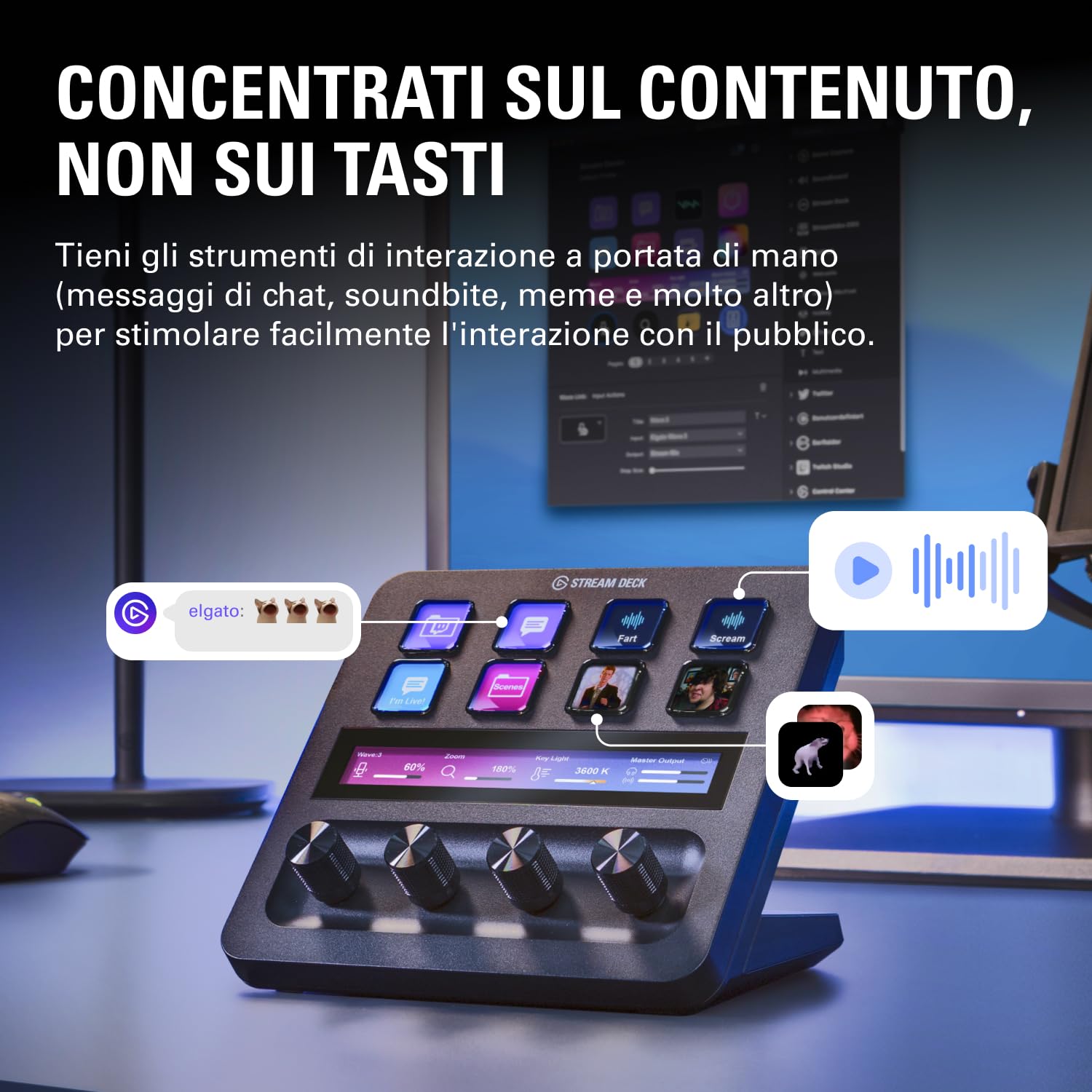 Elgato Stream Deck +, mixer audio, produzione live e controller da studio, per content creator, streaming, gaming, con striscia tattile personalizzabile, manopole e tasti LCD, compatibile con Mac e PC