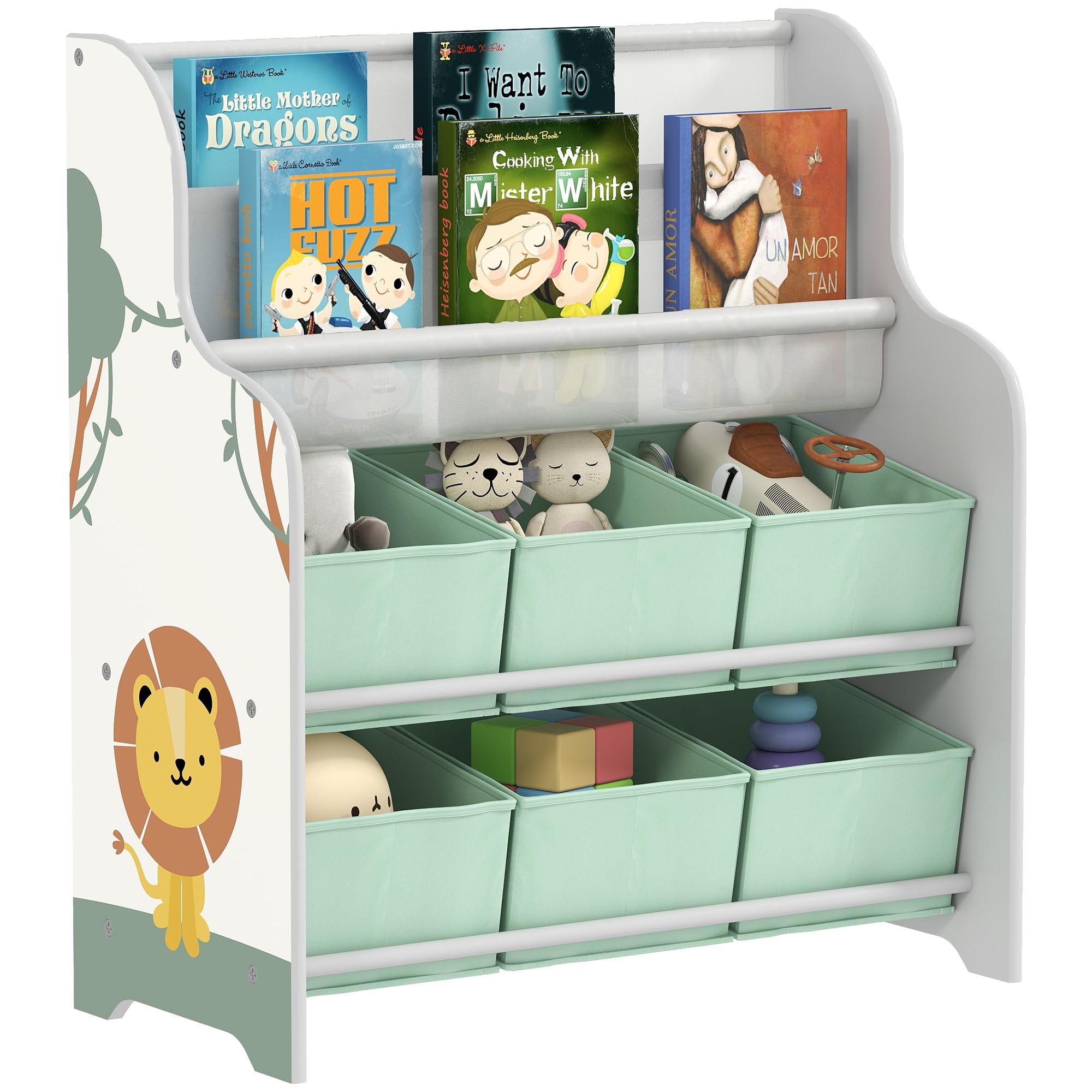 AIYAPLAY Meuble Rangement Enfant, Rangement Jouet Enfant, 6 tiroirs en Tissu et étagère à Deux Niveaux, bibliothèque pour Chambre ou Salle de Jeux, 63x30x71cm, Vert