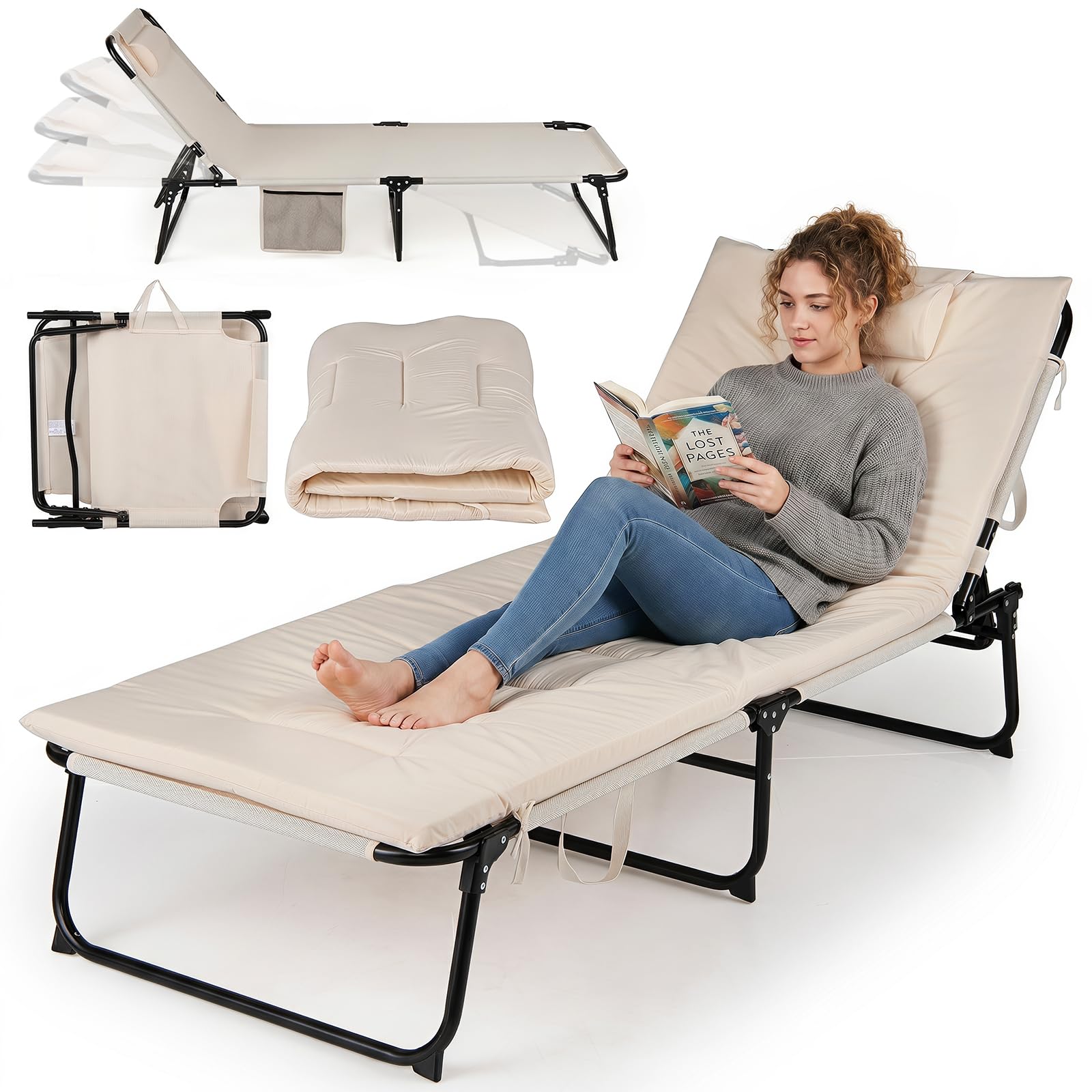 COSTWAY Bain de Soleil Pliable, Dossier à 4 Positions, Matelas Épais Amovible, Chaise Longue Jardin, Oreiller, Poche Latérale, Sangle, Transat pour Camping Piscine Bureau, Charge 120 kg (Beige)