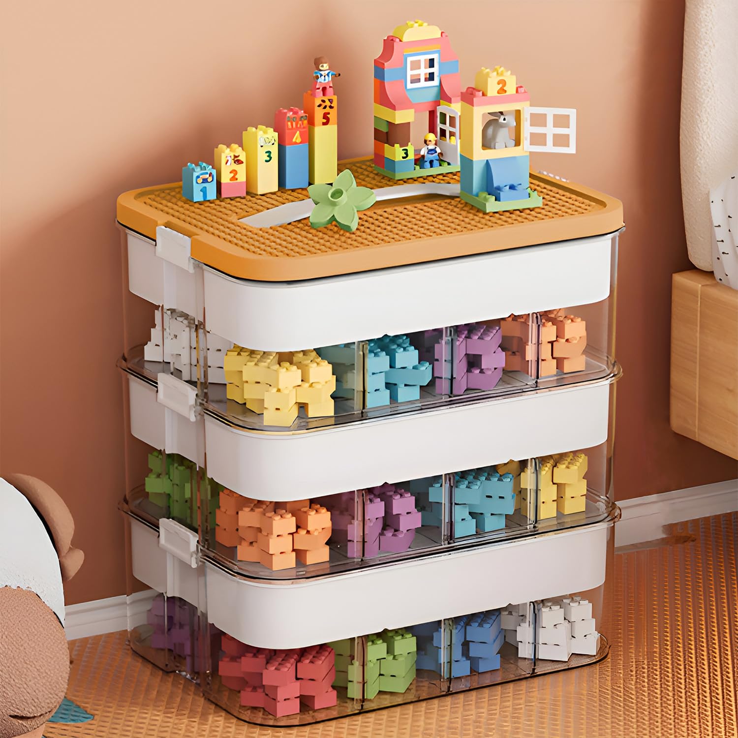 Storage Boxes,Kids Toy Lego Box,Stackable Toys Organizer with Lid,Handle,Plastic Multi Compartment Containers Chest Case for Storing Toys,Jewelry,Beads,Crafts,Tools,Building Blocks (3-Tier Yellow) โ image 1