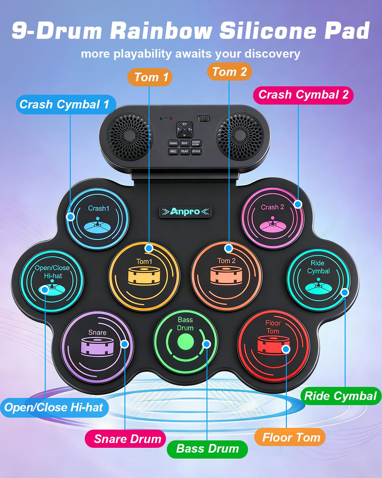 Anpro Elektronisches Schlagzeug-Set, 9 Trommelpads mit Dual-Stereo-Lautsprechern, Rollbares Drumkit mit Pedalen & Sticks, Kopfhörer/Bluetooth/MIDI Unterstützung, Geschenk für Kinder & Anfänger