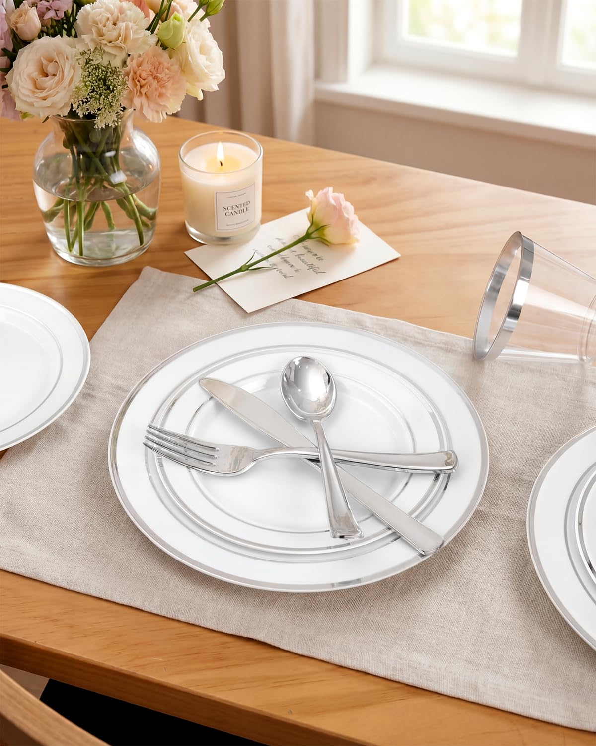 bUCLA 150 Piece Silver Disposable Dinnerware Set -7