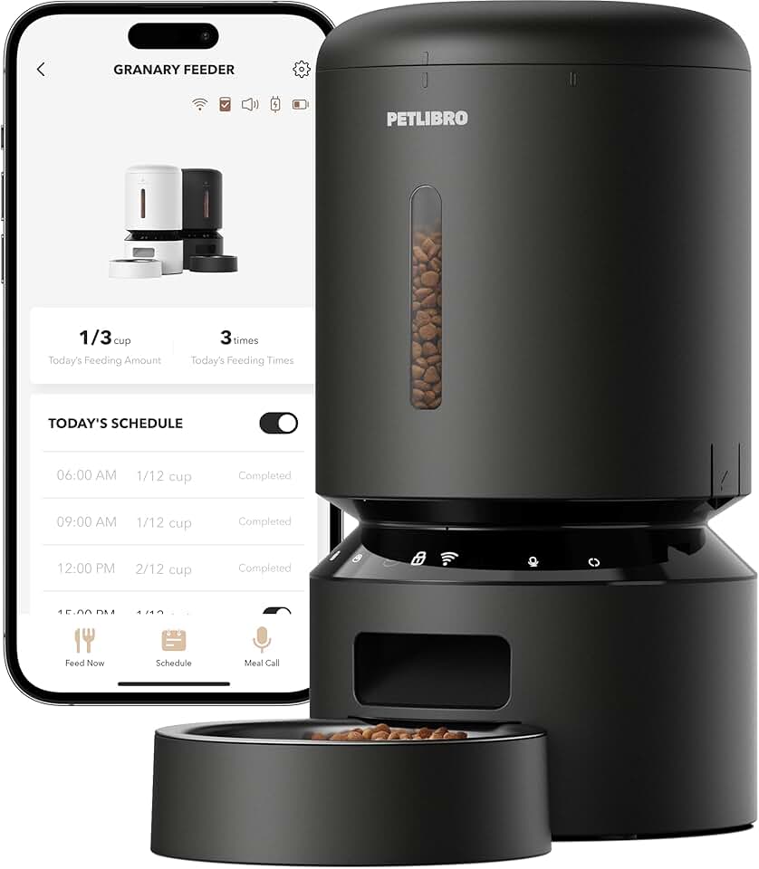 PELIBRO 自動貓餵食器，5G WiFi 自動狗糧分配器，帶保鮮功能，5L 定時寵物餵食器，帶低食物感測器，每天最多 10 餐，穀倉黑色