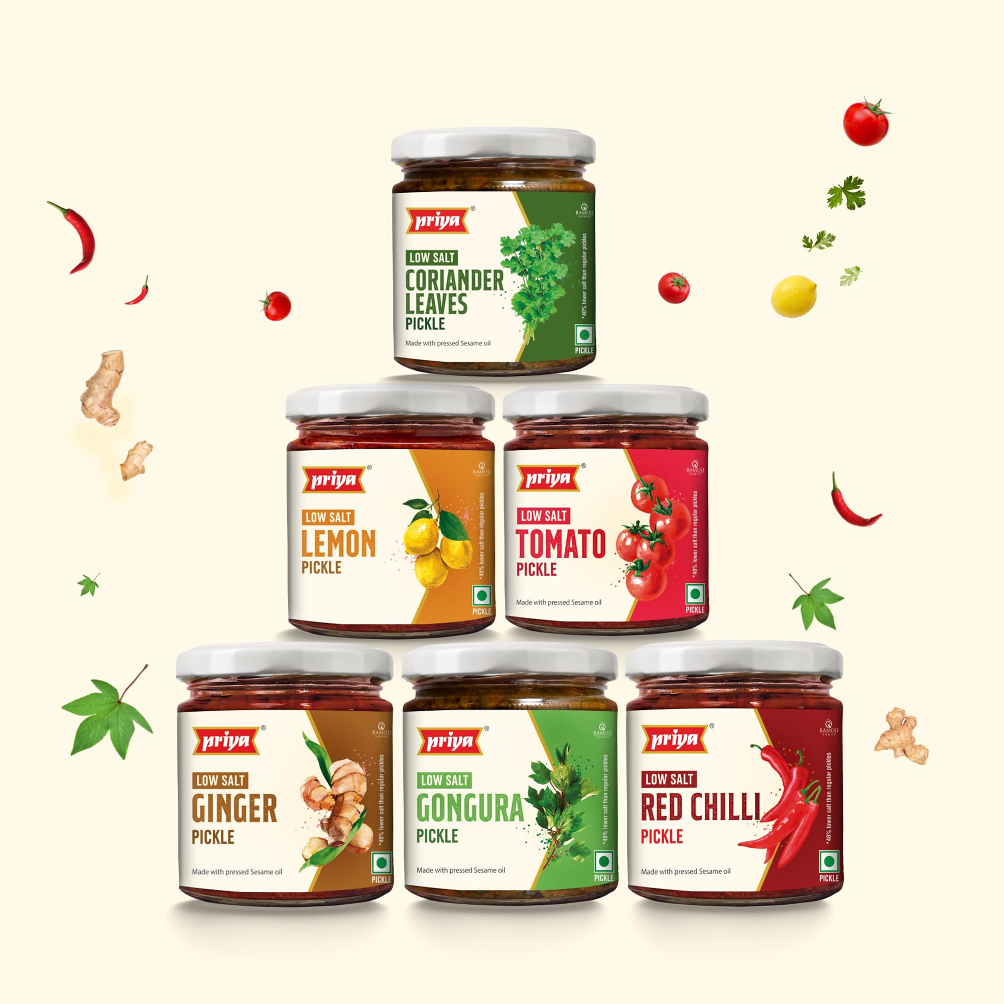 Priya Low Salt Pickle Combo Pack Total 1140gms (Each -190gm)- Coriander, Lemon, Tomato, Ginger, Gongura,Red Chilli | Traditional South Indian Taste