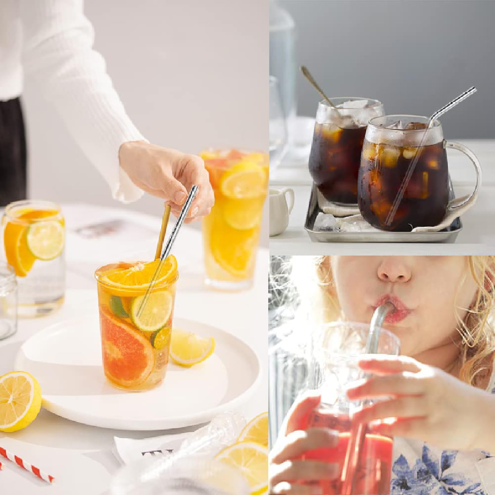Pajitas reutilizables de acero inoxidable, juego de 6 pajitas de metal extra largas, pajitas curvas y rectas con 1 cepillo de limpieza para batido, licuado, cóctel y bebidas calientes