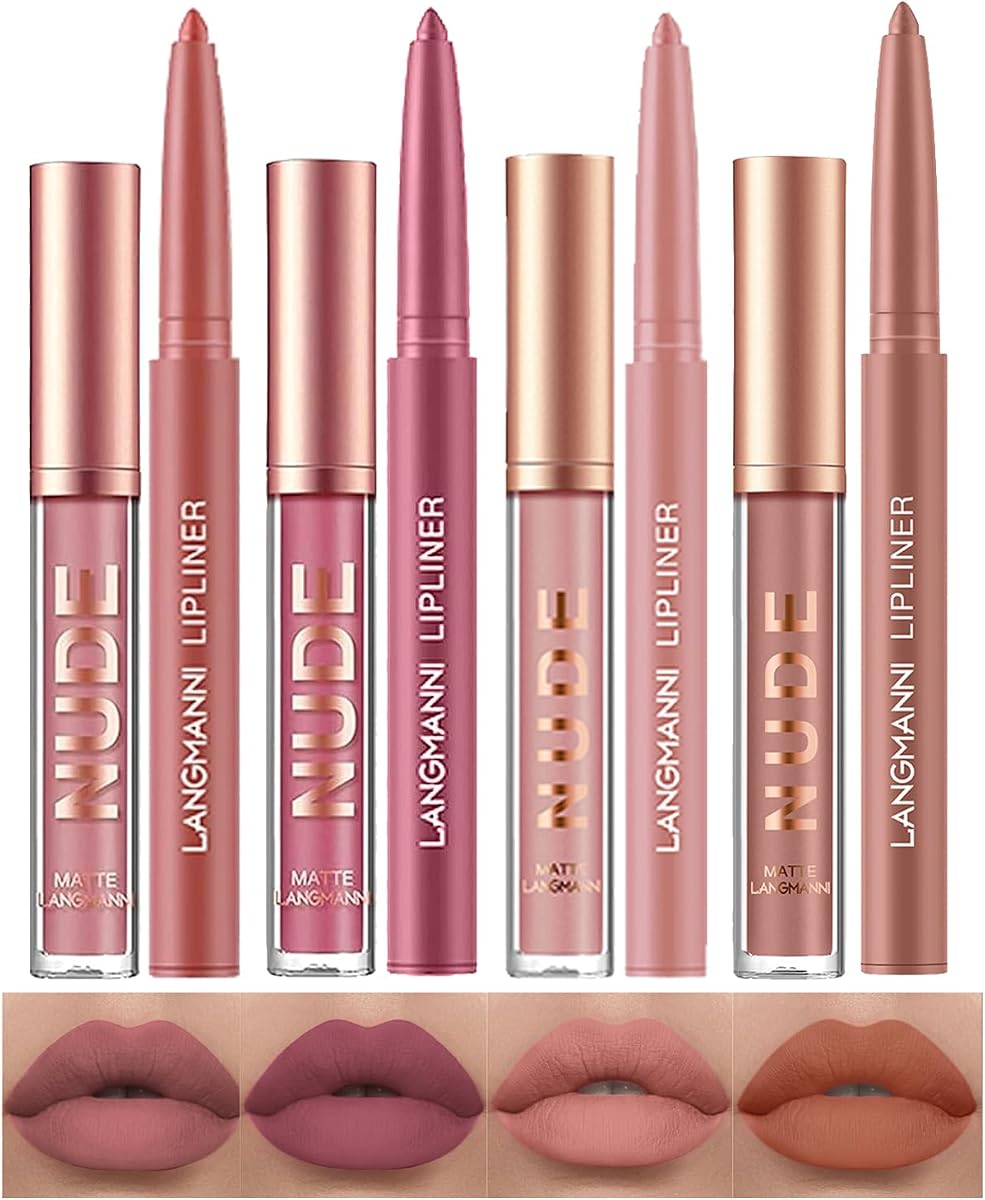 4pcs Matte Lipstick with Lipliners Durable Makeup Set,Long-Lasting Non-Stick Cup Not Fade Waterproof Pigmented Velvet Lipgloss Kit Beauty Cosmetics Makeup Gift for Girls(#1+2+8+11)