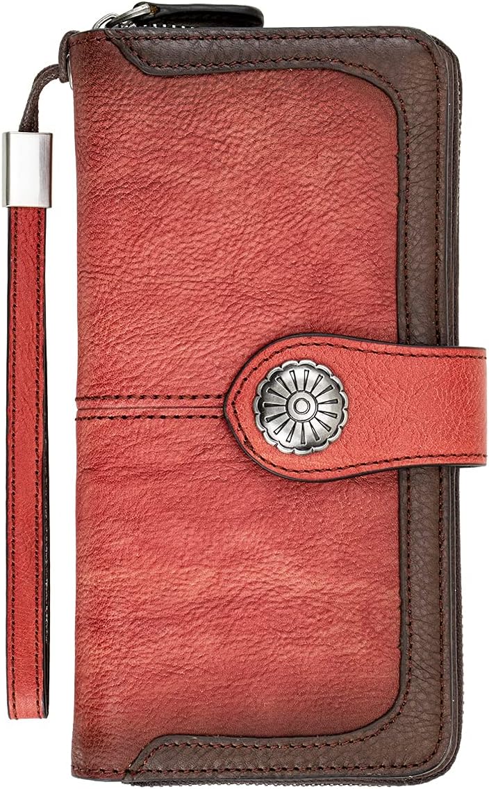 LETEULOWomen's Wallet Vintage Leather Zipper Wallets Card Organizer with Clutch Strap, Red, 7.87"L x 4.13" W x 1.18" T, Travel Wallet