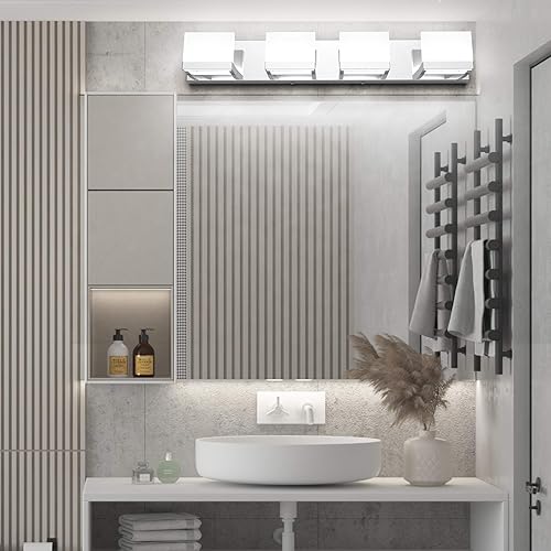 Miniatura 2 de Tipace 4 luces LED modernas de tocador cromadas para baño, lámpara de pared de baño hacia arriba y hacia abajo sobre espejo (luz blanca 6000K)