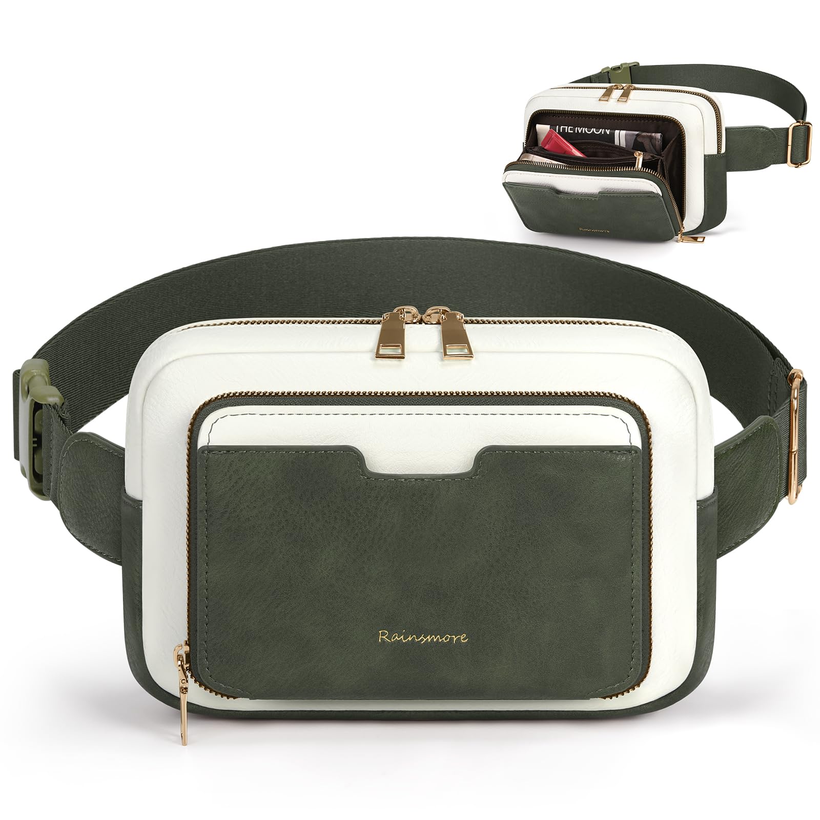 RAINSMORE Sacs banane pour femme, sac banane vintage en cuir Everywhere, Vert foncé avec blanc, Moyen