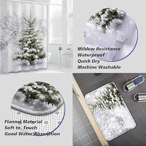 Miniatura 4 de Moladika Juego de 4 cortinas de ducha de invierno de Navidad con alfombras, bosque natural nevado, juego de baño, árbol de Navidad, decoración de