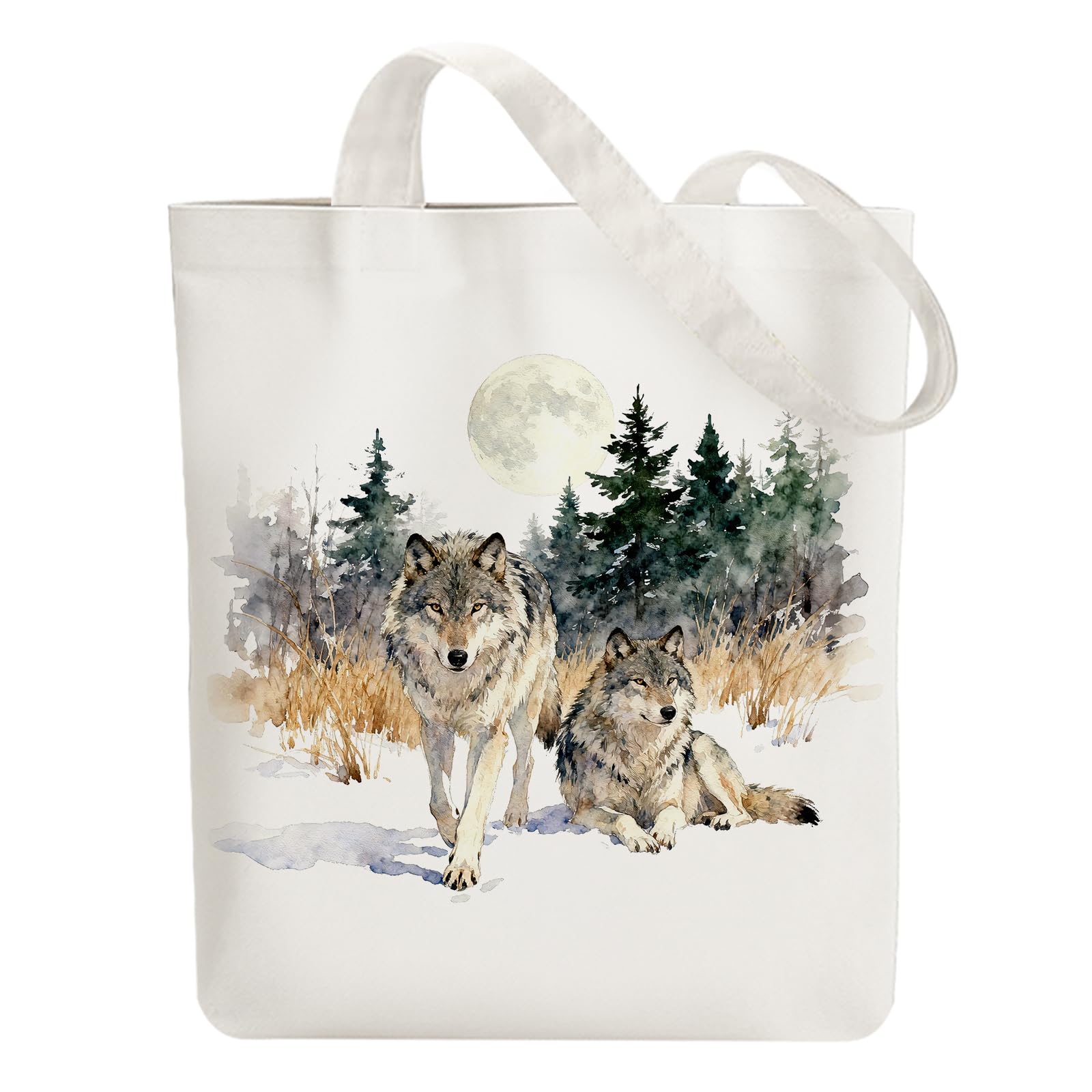 ANATTASOUL Canvas Tote Bag Pine Tree and Canis Lupus Reusable Cotton Bag for Women, 15.74"x14.96" Durable and Foldable Cloth Shoulder Bags with Zip Pockets for Shopping, Vacation, Work, Gym, Gifts