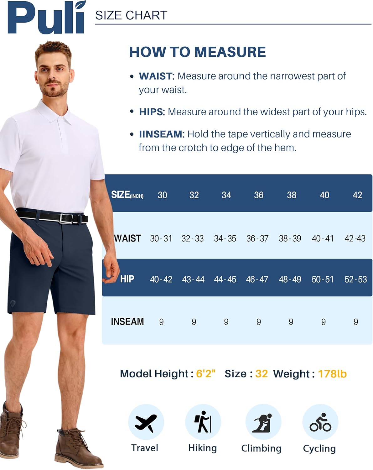 PULI Men's Golf Shorts 9 Inch Inseam Stretchy Water-Resistant with 5 Pockets for Travel Hiking Casual Business - Image 8