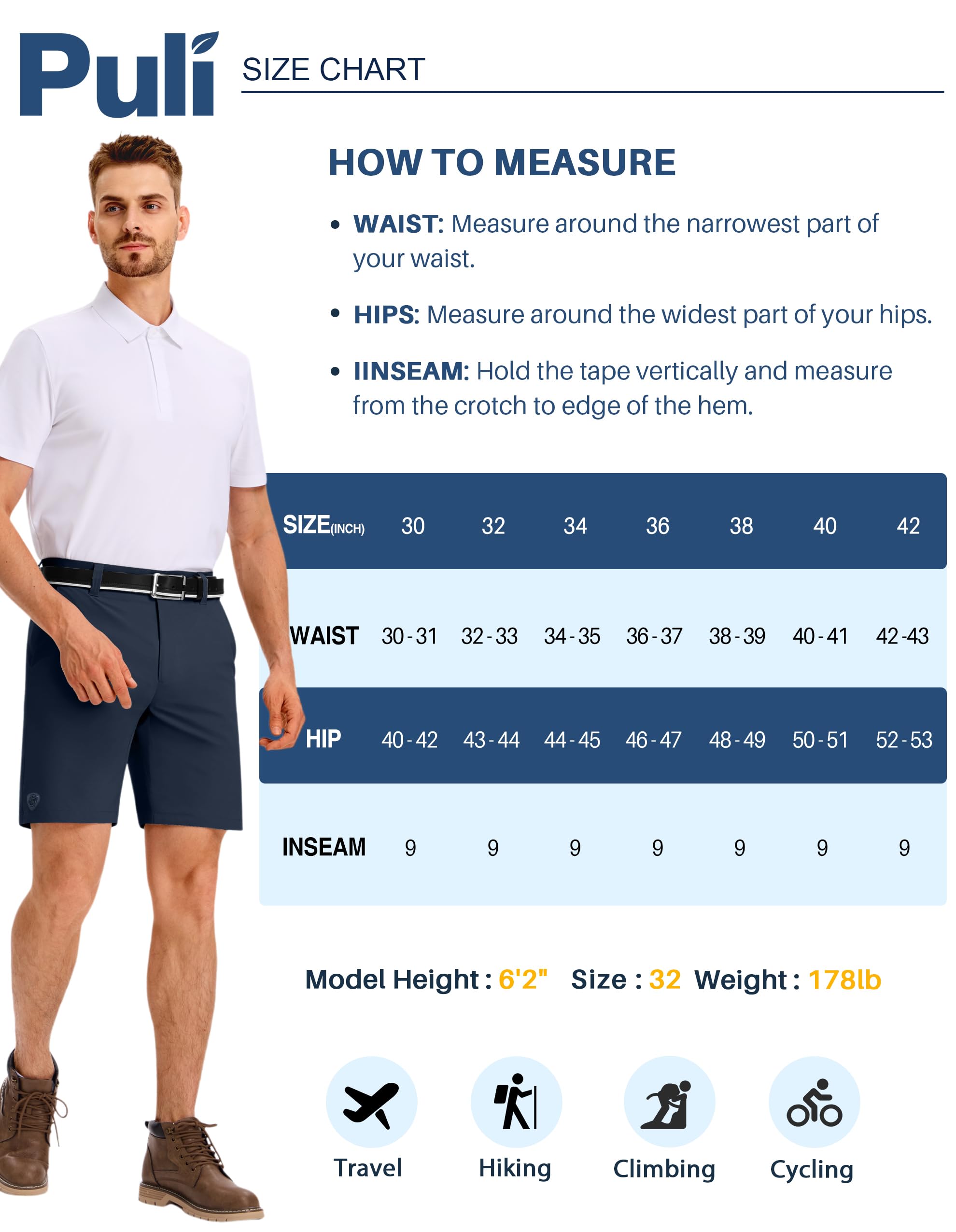 PULI Short de golf pour homme avec entrejambe de 22,9 cm extensible et résistant à l'eau avec 5 poches pour voyage, randonnée, affaires décontractées