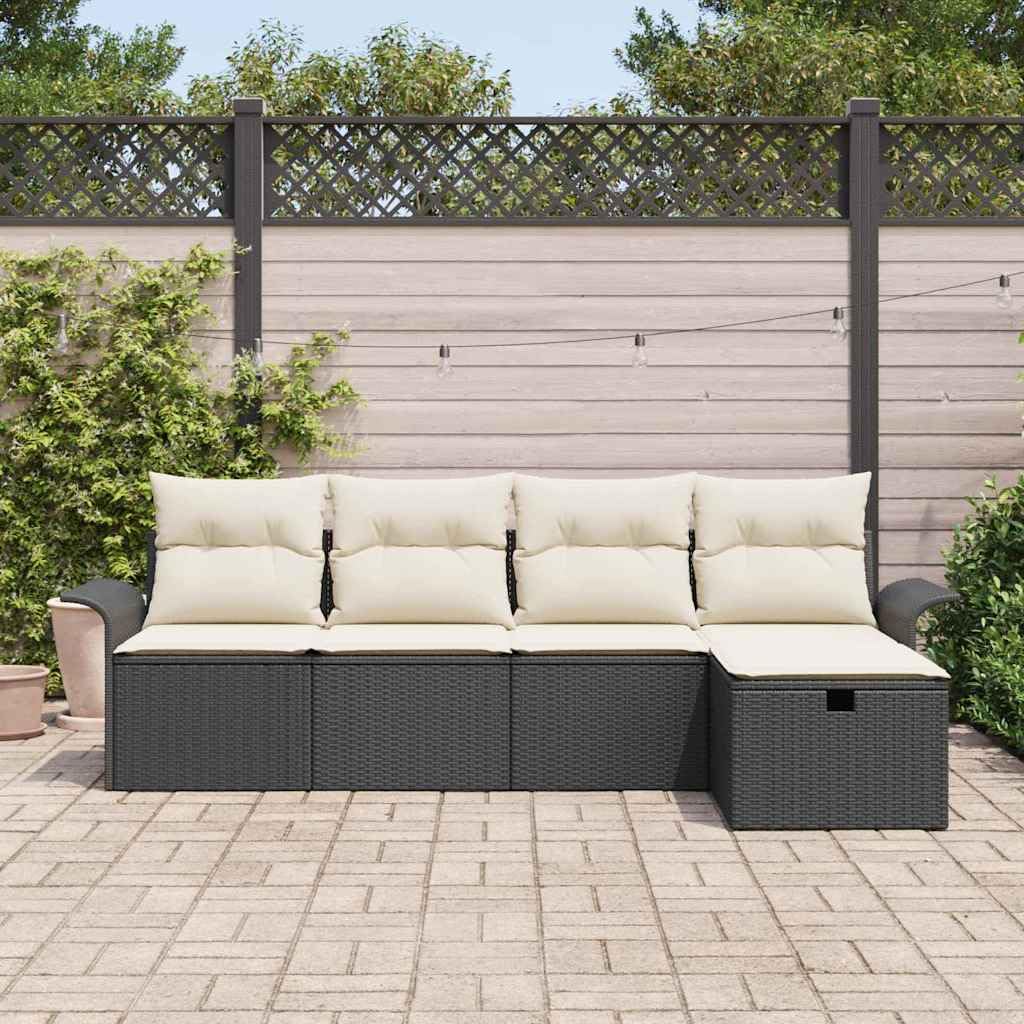 Juego de muebles de jardín de polirratán negro de 5 piezas, conjunto moderno de muebles de jardín de polirratán y marco de acero, incluye cojines cómodos y una bolsa impermeable para