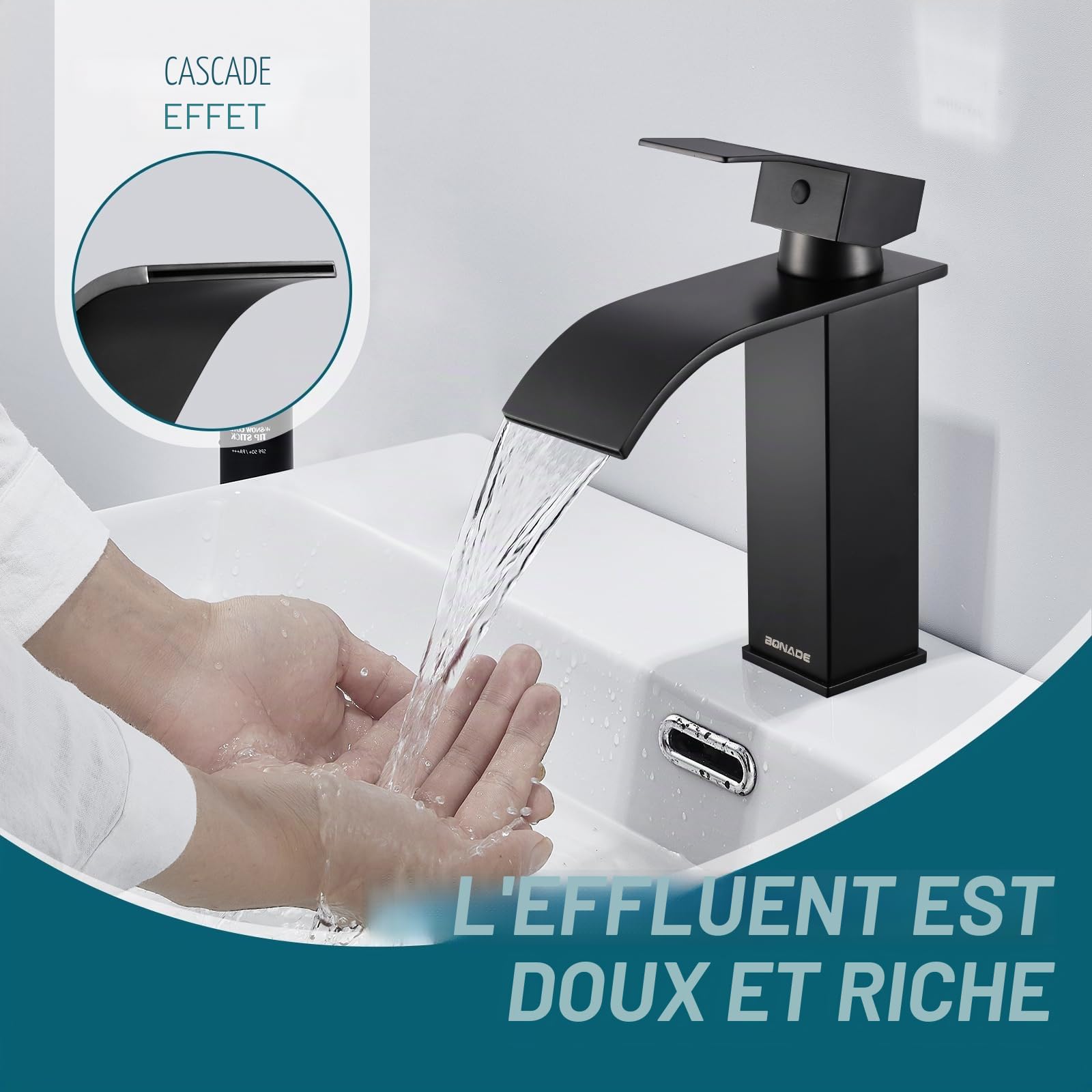 BONADE Robinet Lavabo Cascade Noir, Robinet Salle Bain Noir avec l'Eau Froide et Chaude Disponible, Mitigeur Lavabo Inox 304 de Super Qualité, Robinetterie Salle de Bains Design Elégant