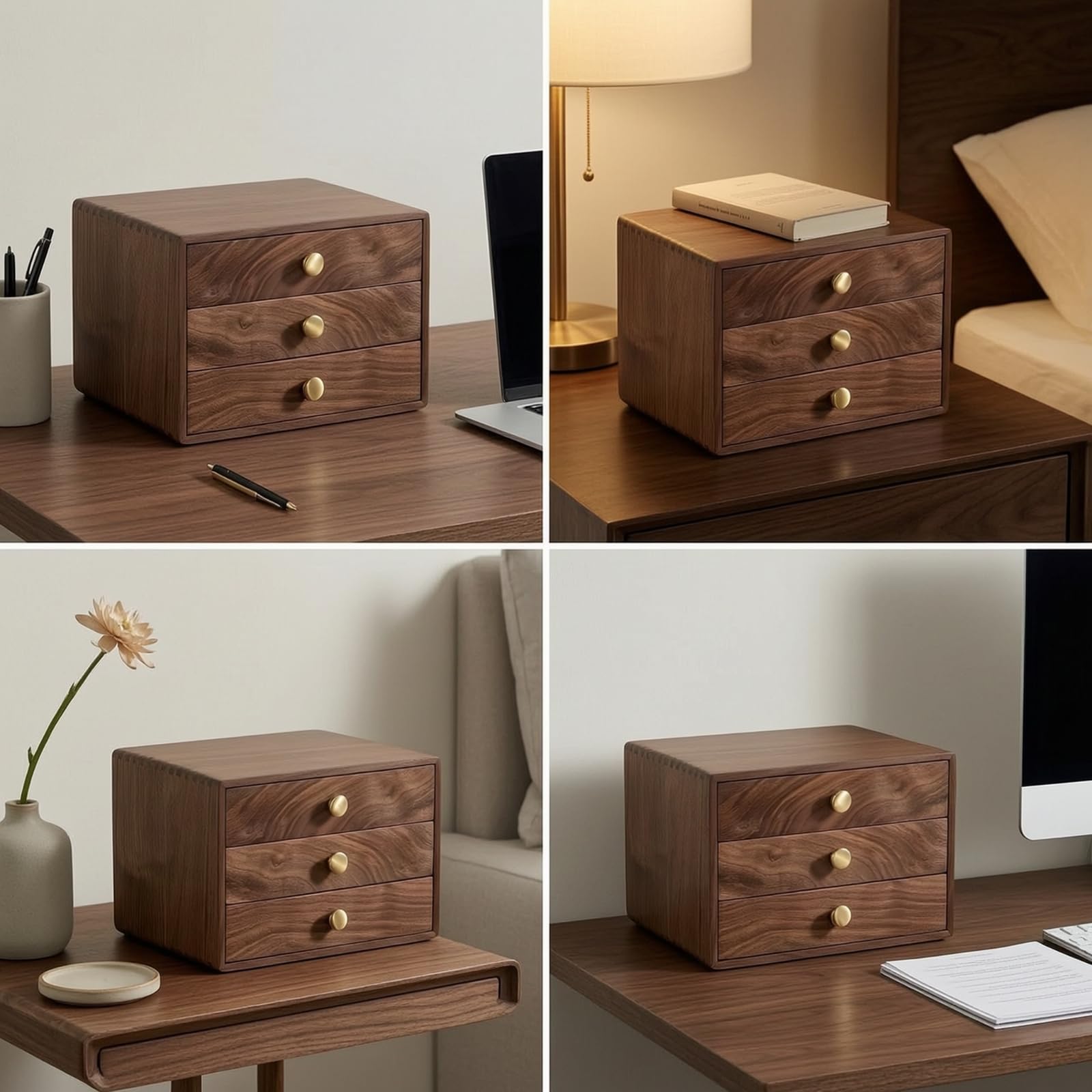 Schreibtisch-Organizer mit Schubladen platzsparend Organizer mit Schubladen praktisch Schubladenbox für Büro, Klein 13x23x20cm, Nordamerikanischer Schwarznussbaum Mit Konischem Griff