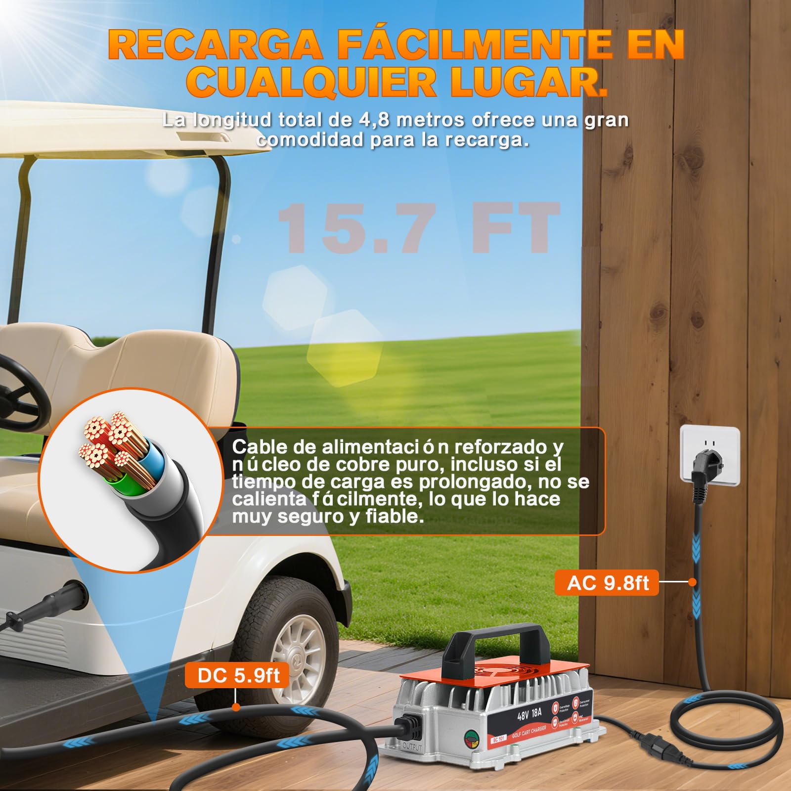 Cargador Inteligente 48V 18A para Carritos de Golf Club Car, Batería Plomo-ácido IP67