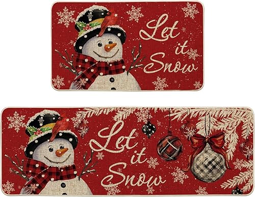 Artoid Mode Juego de 2 tapetes de cocina de Navidad con diseño de muñeco de nieve y copo de nieve negro, decoración del hogar, alfombras de cocina