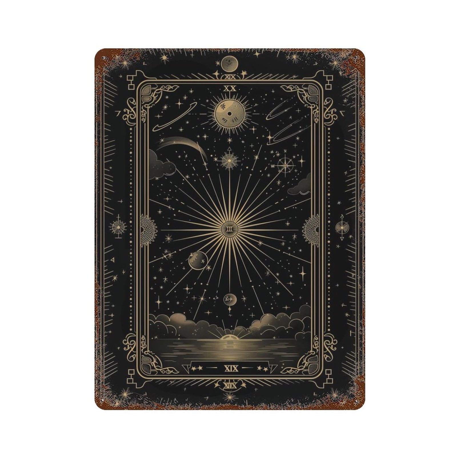 Rusty Metal Tin Sign with Sunbeam Gaze Design 15.7"x11.8", for Garage, Bar And Workshop Decor, Decorative Metal Wall Art