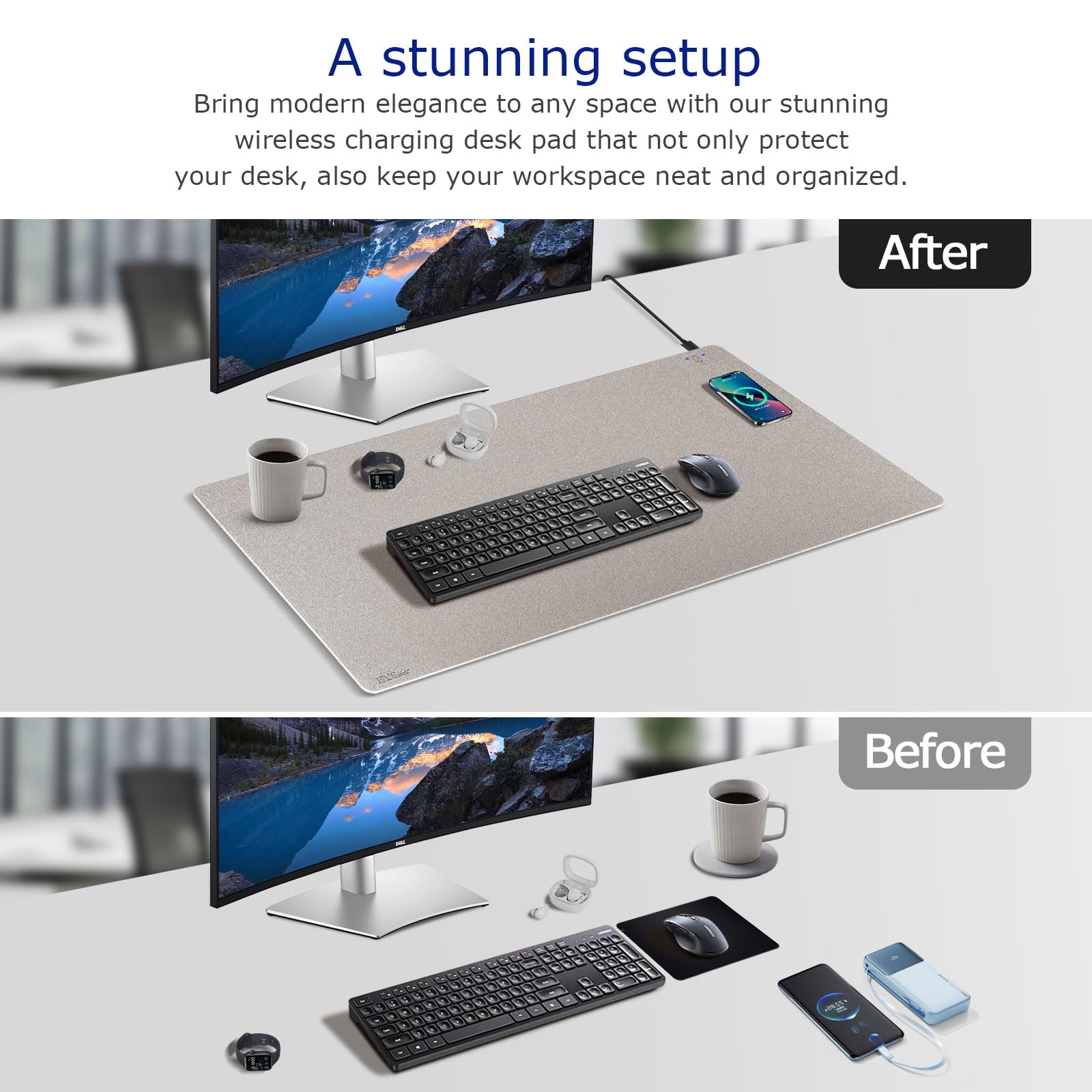 Tappetino per mouse 2 in 1 con ricarica wireless, in pelle di alta qualità, impermeabile, per ufficio, casa, lavoro, tastiera, caricabatterie per iPhone, dispositivi Android, AirPods e