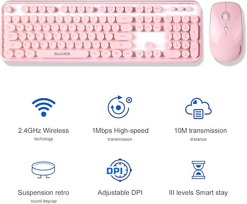 Miniatura 7 de Combo de teclado y mouse inalámbrico rosa, combo de teclado y mouse retro inalámbrico de 2.4 GHz, teclado inalámbrico Letton de tamaño completo y
