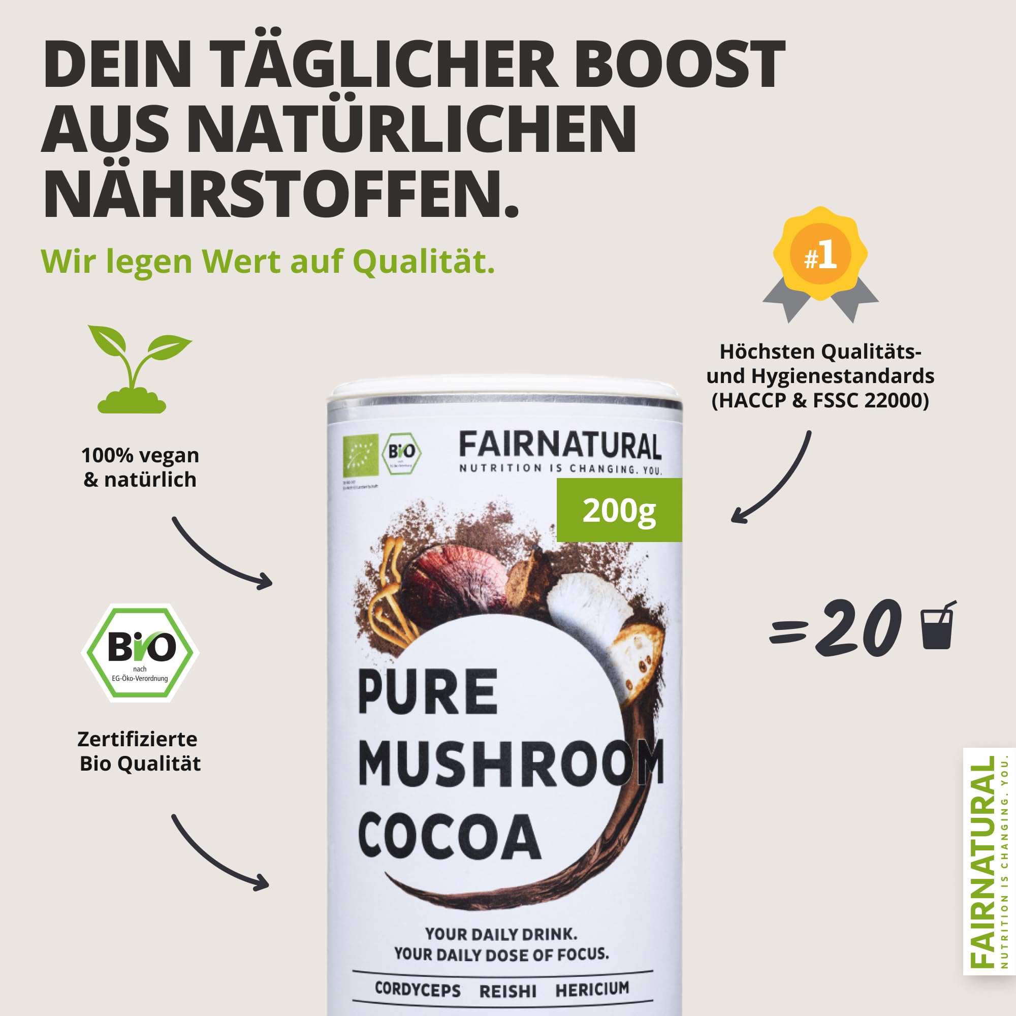 FAIRNATURAL® Pilz Kakaopulver Vegan [SCHOKO] - Mushroom Powder Komplex Hochdosiert - Pilzkaffe - Mushroom Coffee - Vitalpilze Kakao aus Reishi Extrakt, Hericium & Chaga Pilz - 3x20 Portionen (600g)