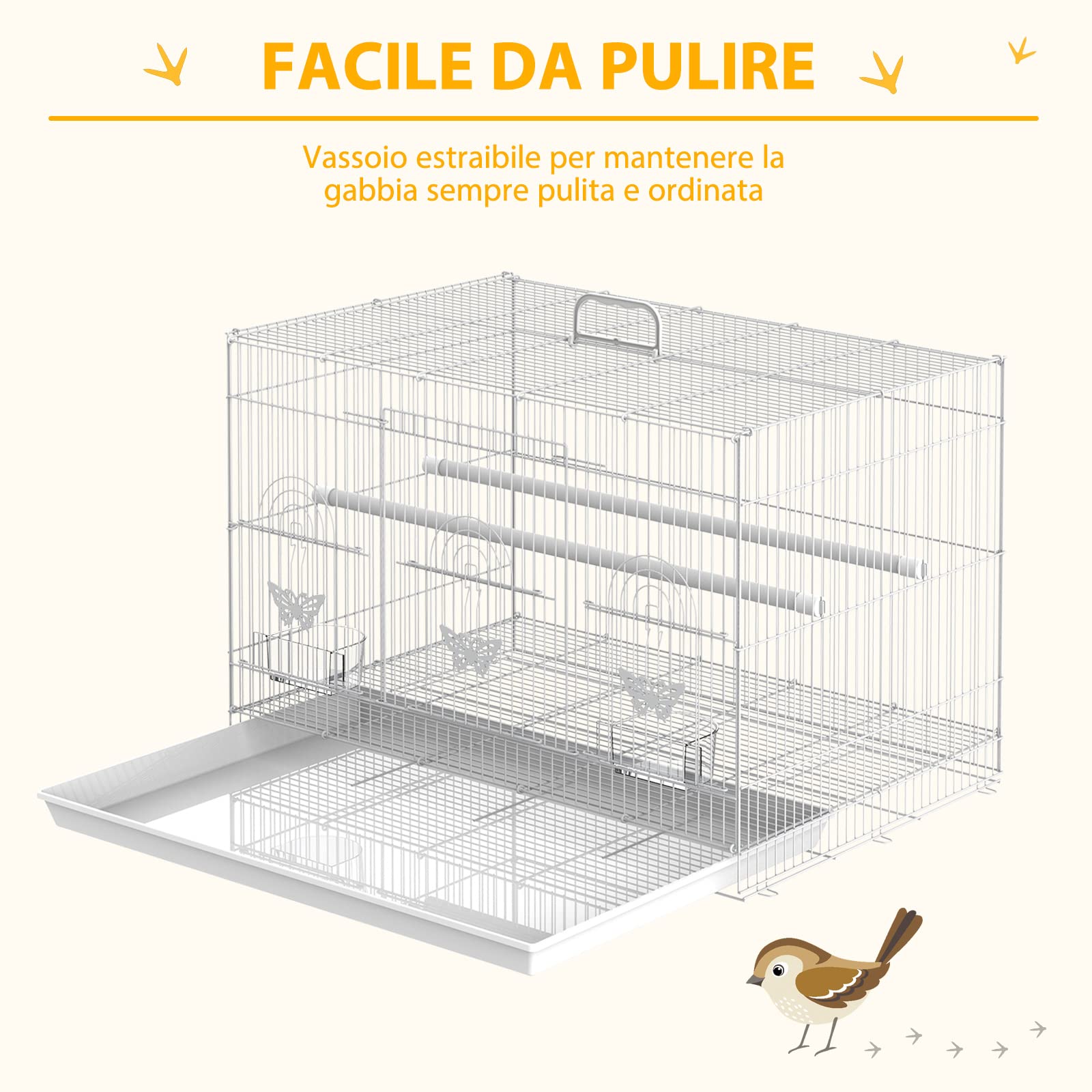 PawHut Gabbia per Uccelli in Metallo con Posatoi e Ciotole per Cibo, Voliera per Canarini e Pappagallini 60x41x41cm, Bianco