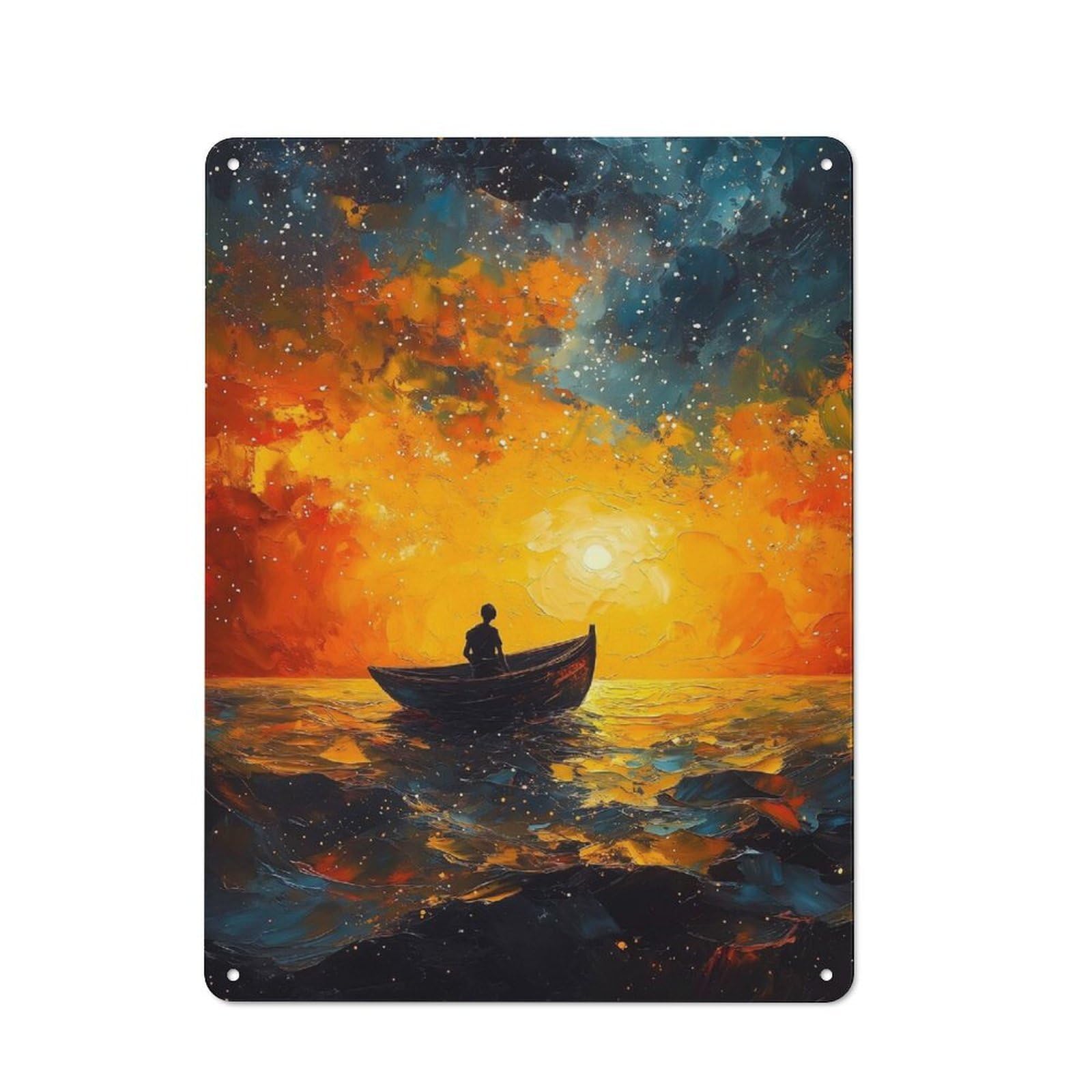 Junmoney Style-9 Boat On Water At Sunset Painting Rustic Tin Sign 40X30cm For Hallway Wall, For Home Decor Fans Who Collect Metal Signs