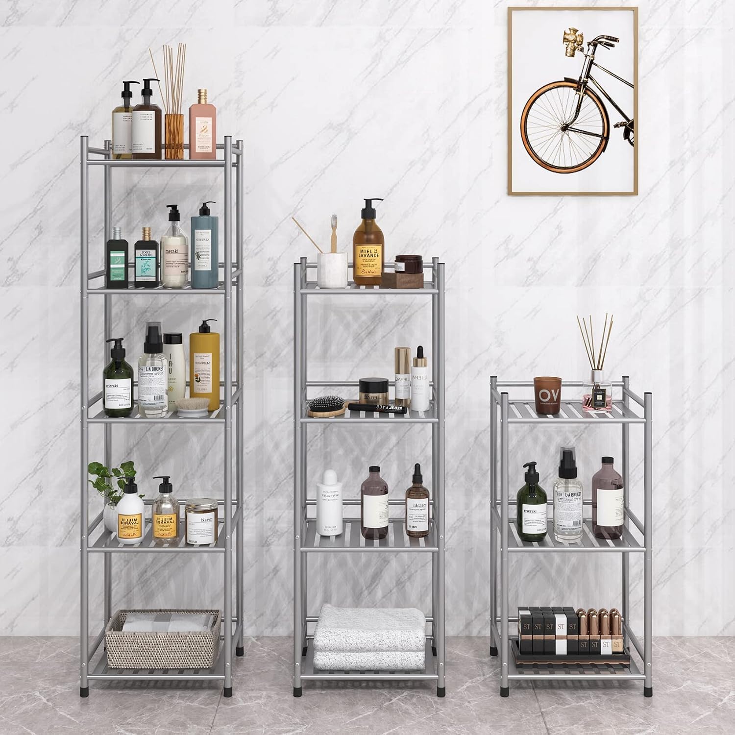 FKUO 3 Tier Bathroom Storage Open Shelf Unit, Free-Standing Metal Corner Rack Shelving for Kitchen, Living Room, Hallway (Bright Gray, 3 Tier)
