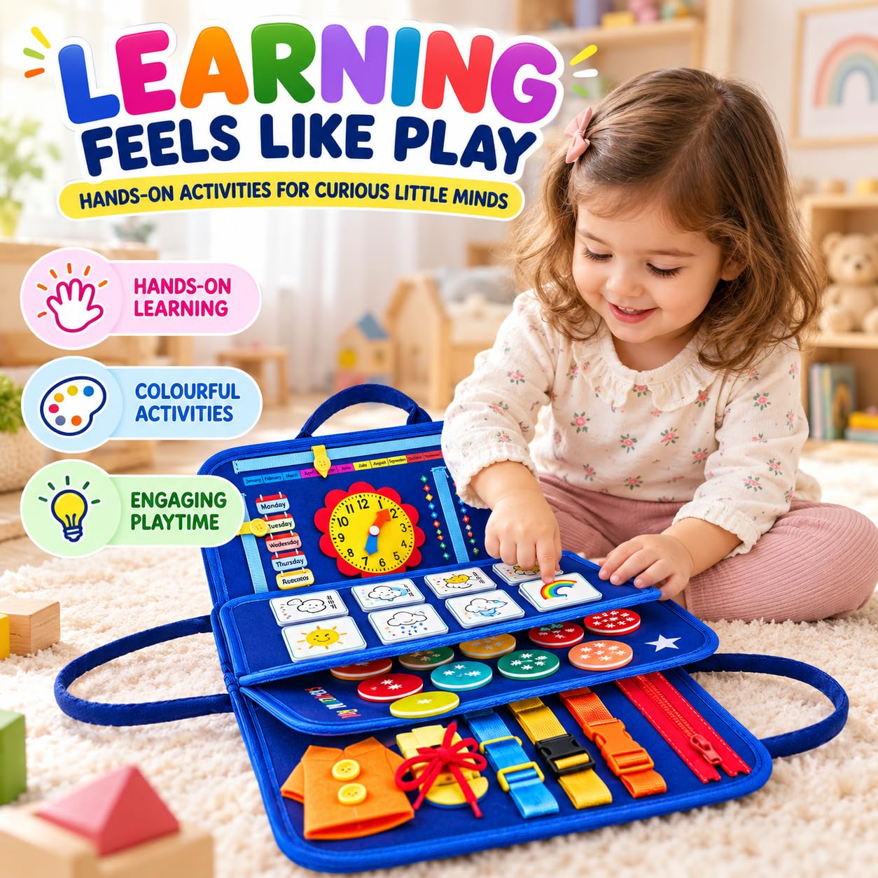Qlect 12 in 1 Toddler Busy Binder & Busy Book for Toddlers 1-3 Years - Montessori Busy Board & Activity Book Kids 2-4 - Engaging Toys for 2-3 Years - Educational - ISI Approved, Made in India, Blue — Amazon image 3