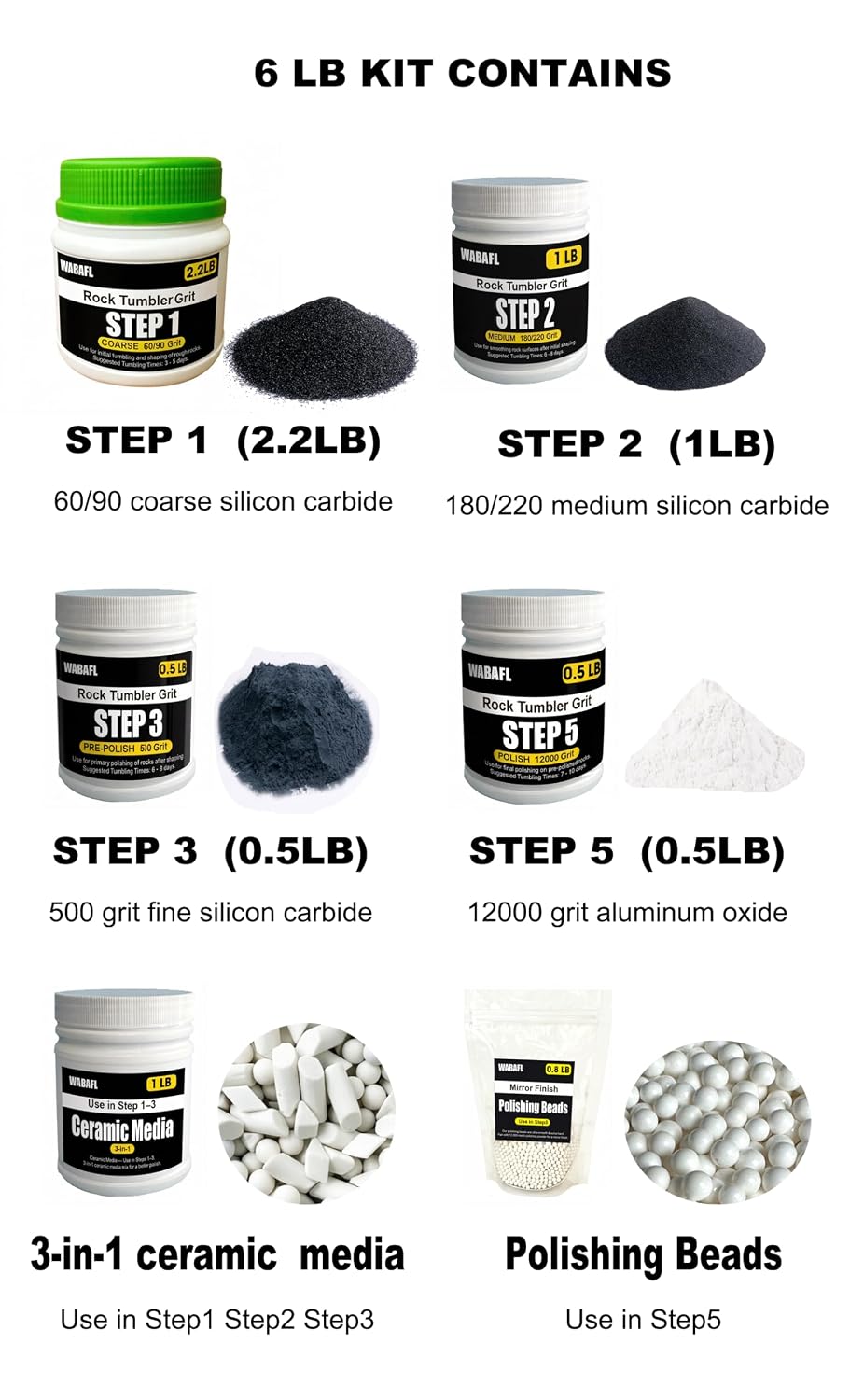 Upgraded Version 6LB Rock Tumbler Grit and Polish Refill Kit - Rock Polishing Grit & Ceramic Tumbling Media, Polishing Beads, Step1,2,3,5 Tumbling Grit, Compatible with All Rock Tumblers