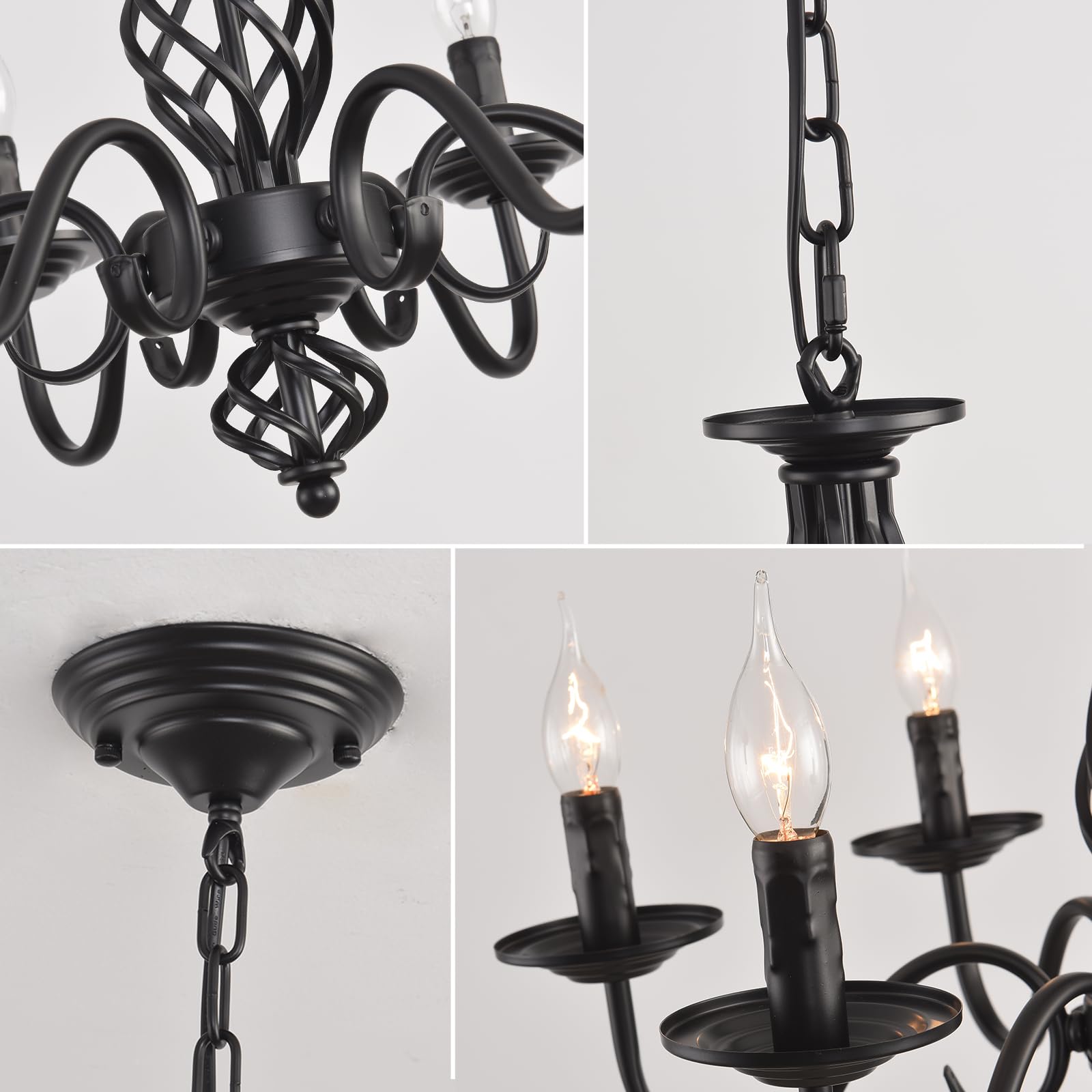 Lámpara de araña tradicional country, candelabro de hierro forjado ajustable en altura vintage negro, lámpara de techo de 6 luces lámpara colgante clásica para cocina, comedor, sala de estar