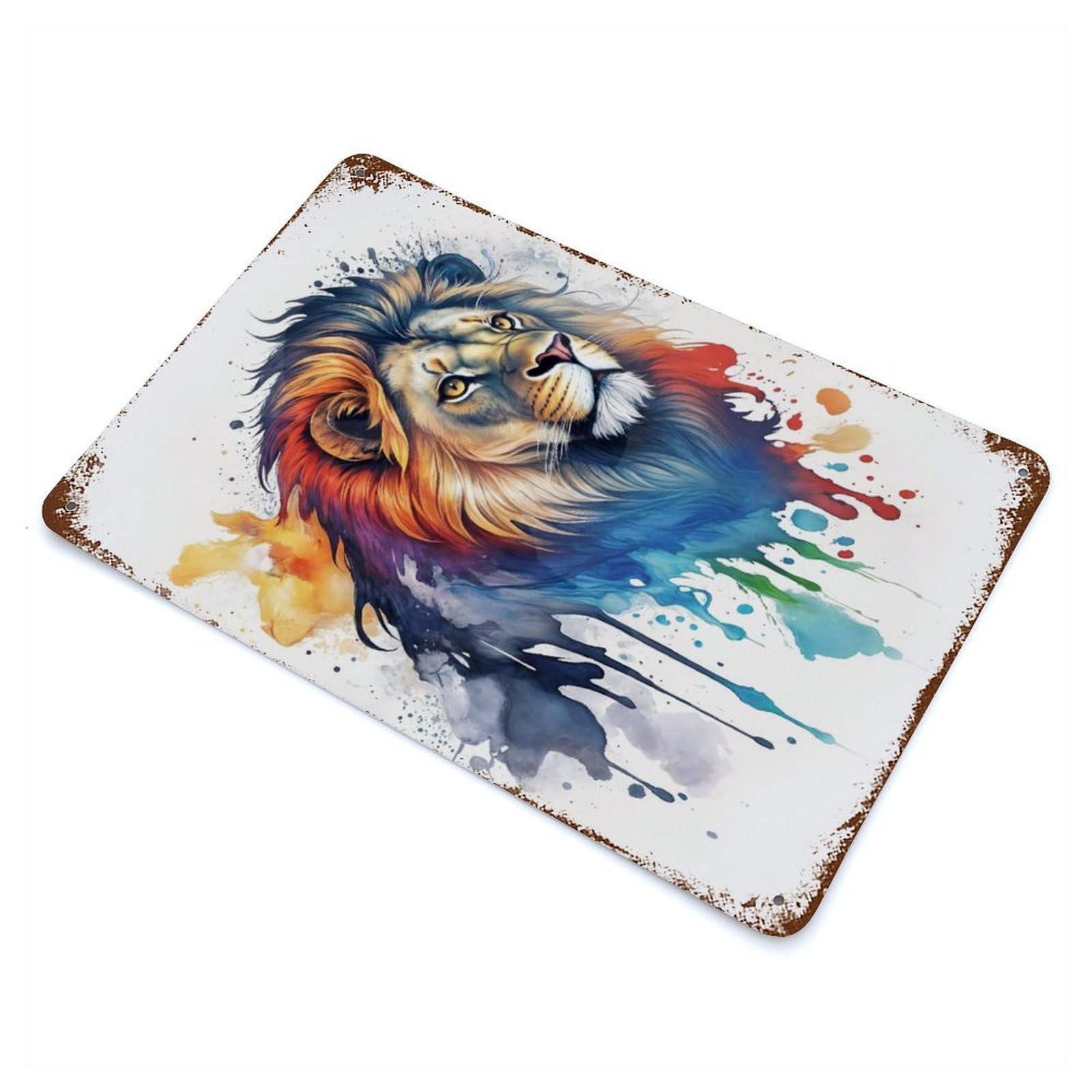 Rusty Metal Tin Sign Watercolor Lion 11.8"x7.9", Industrial Home Decor for Patio, Garden Room And Bar Decor